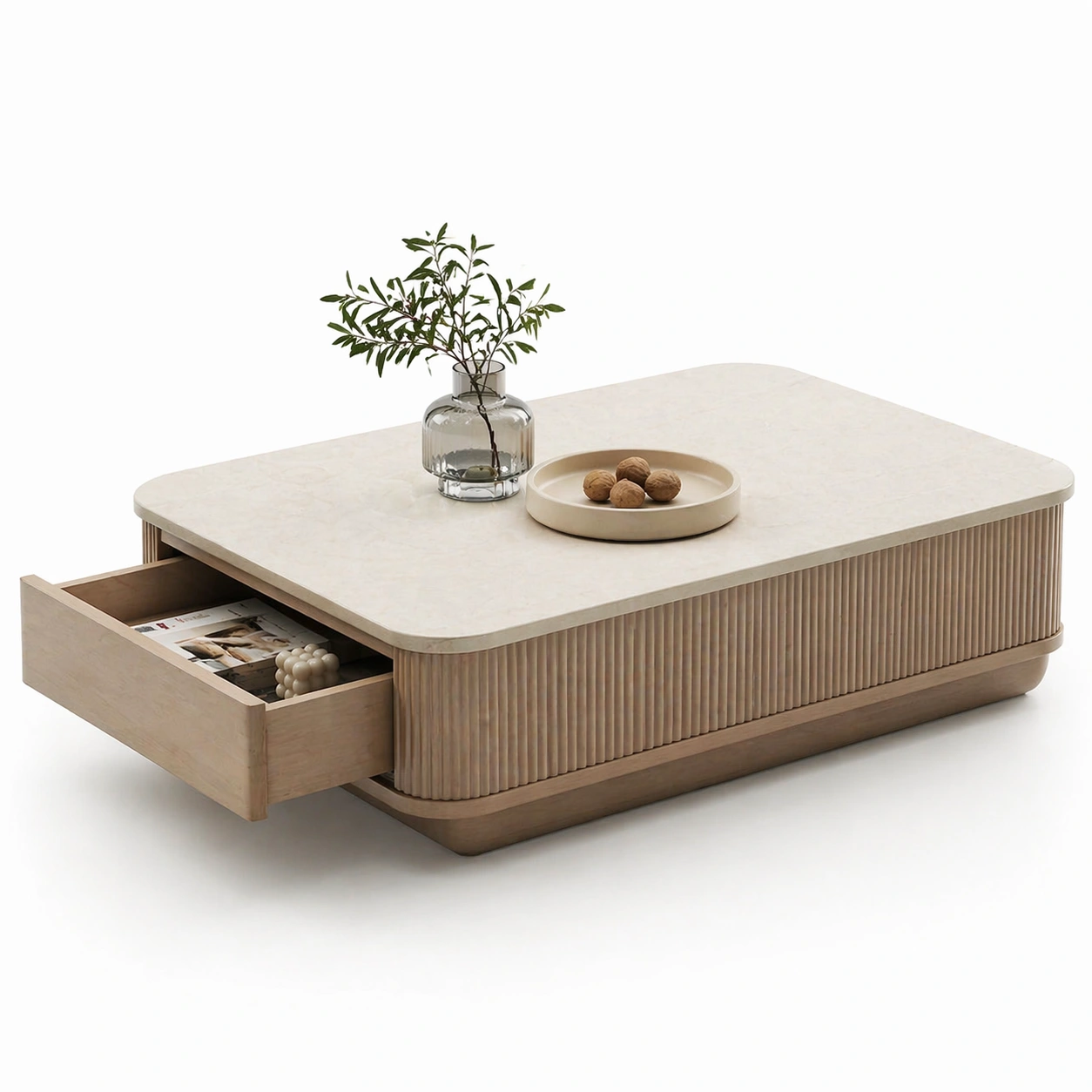 Mesa de centro rectangular beige con cajon lateral-AuvellaLiving