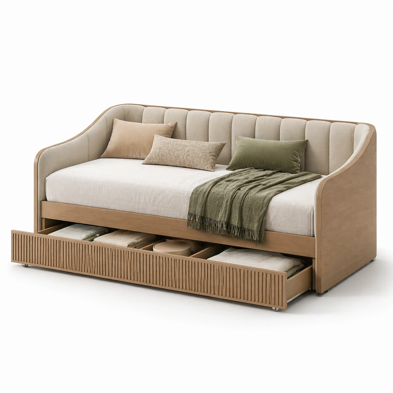 Sofa cama beige con cajon inferior de almacenamiento-AuvellaLiving