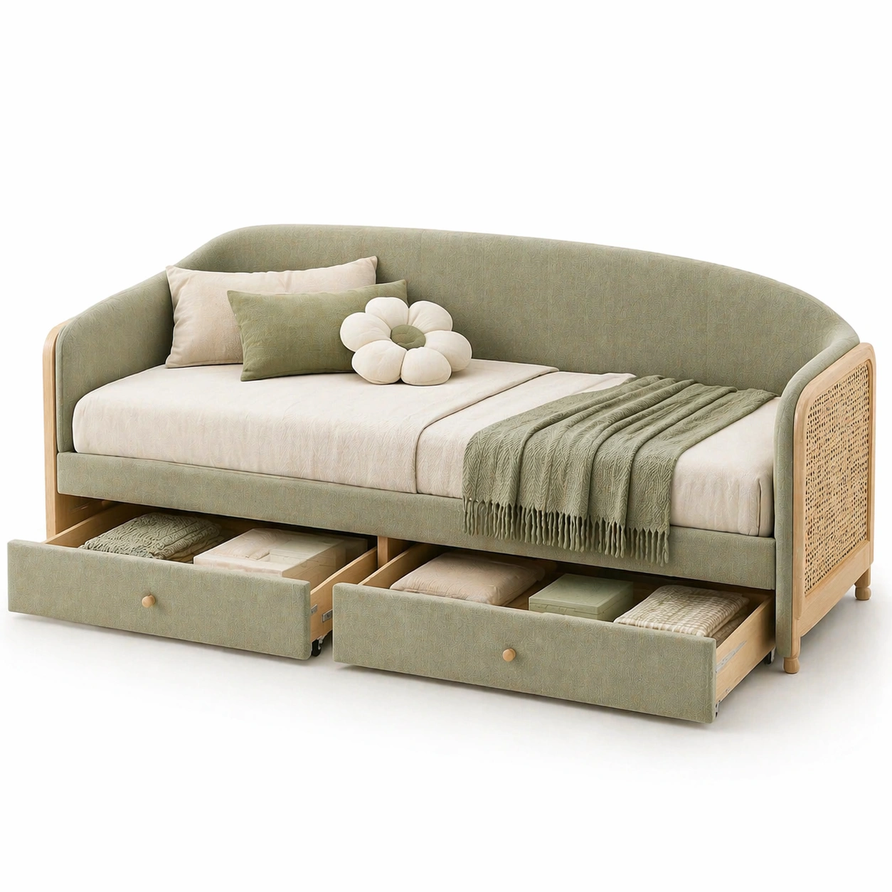 Sofa cama verde oliva con cajones inferiores dobles-AuvellaLiving