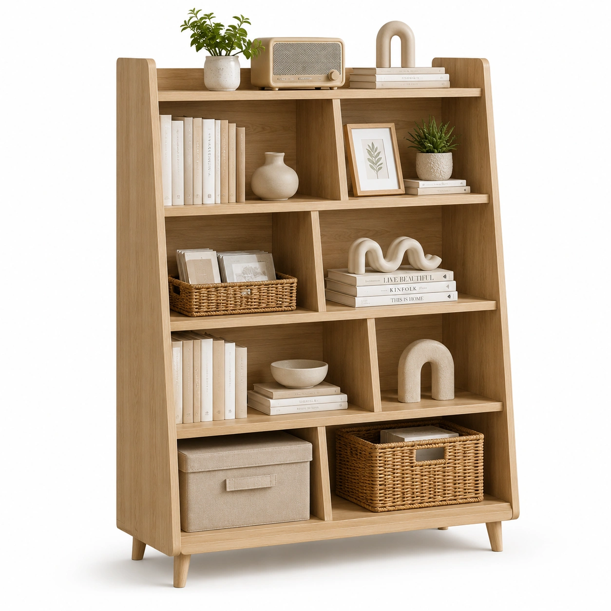 Librero beige claro con divisiones geometricas modernas-AuvellaLiving