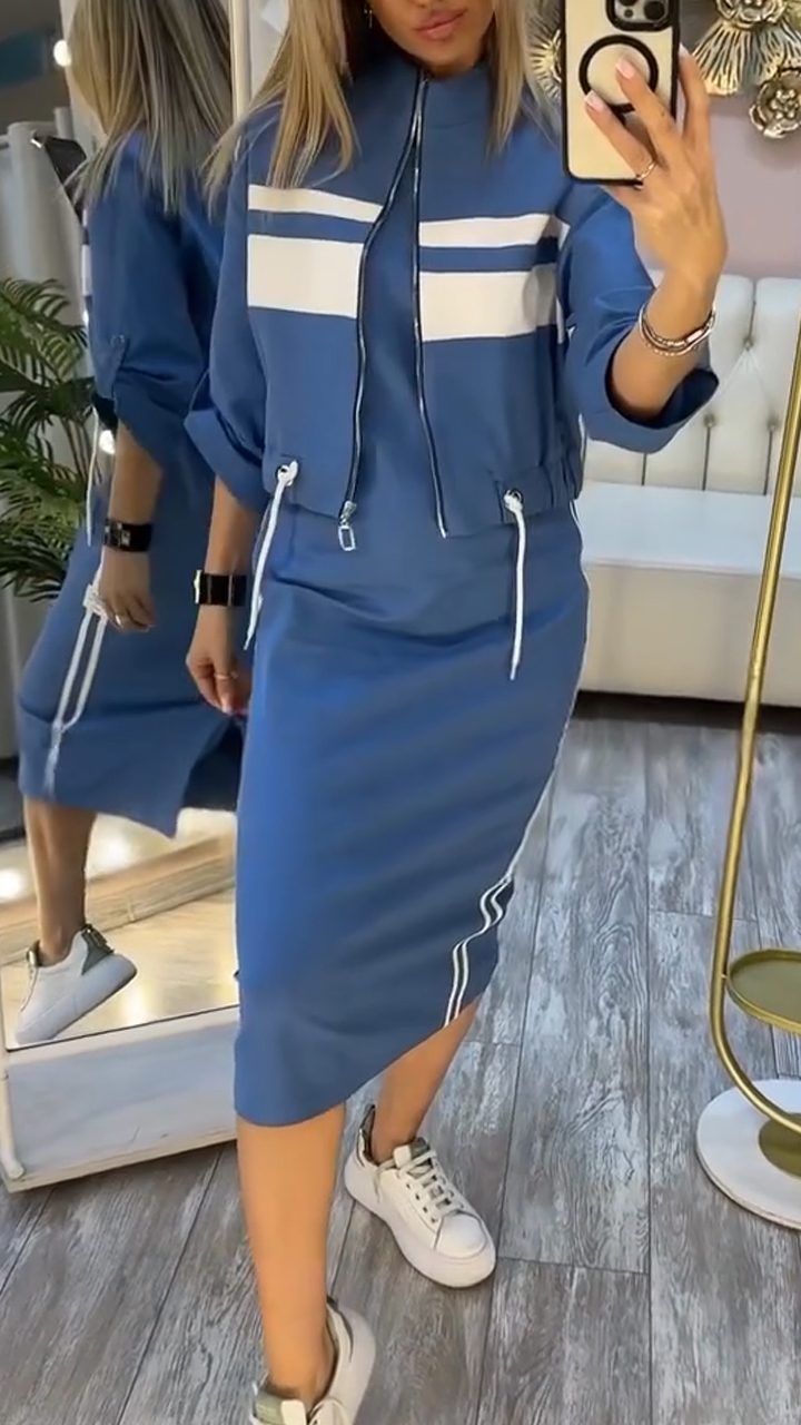Abito con scollo rotondo e blazer da donna, completo casual elegante