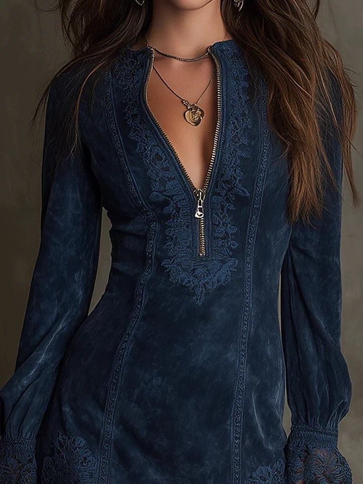 Мини рокля в син велурен цвят с дантела👗💙