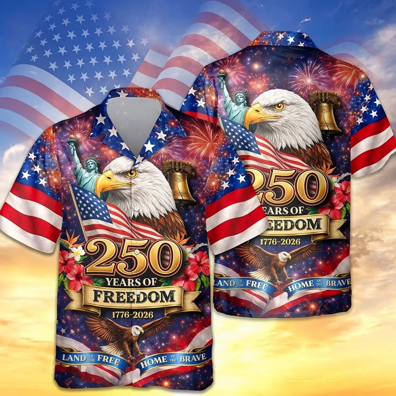 Retro Hawaii 250 Years of Freedom 1776 - 2026 Eagle Patriotic Shirt Statue Of Liberty, US Flag, Liberty Bell, 250th Anniversary Hawaiian Shirt 9I4