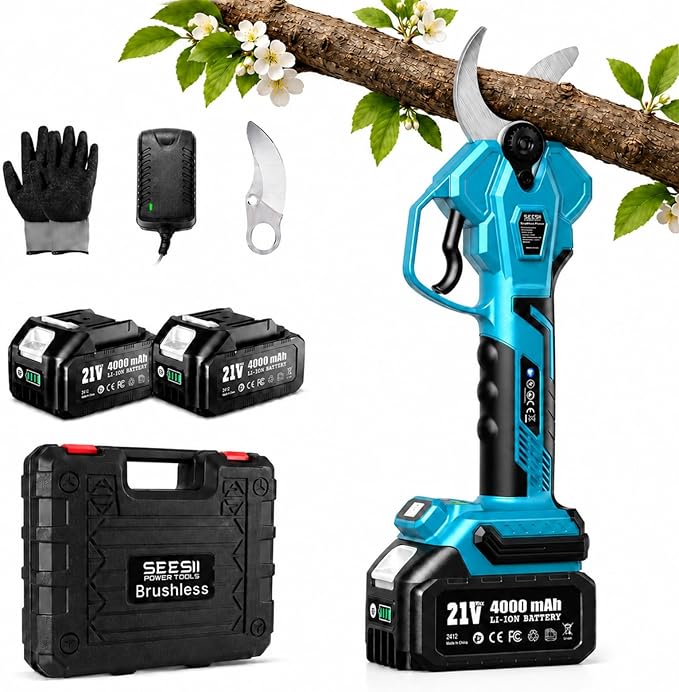 Electric Pruning Shears for Gardening: 1.8” Cutting Cordless Power Pruner - Brushless Motor, Dual 4.0Ah Battery, 4 Levels Adjustable Extra SK5 Blade Branches Cutter For Tree & Flower Trimming
