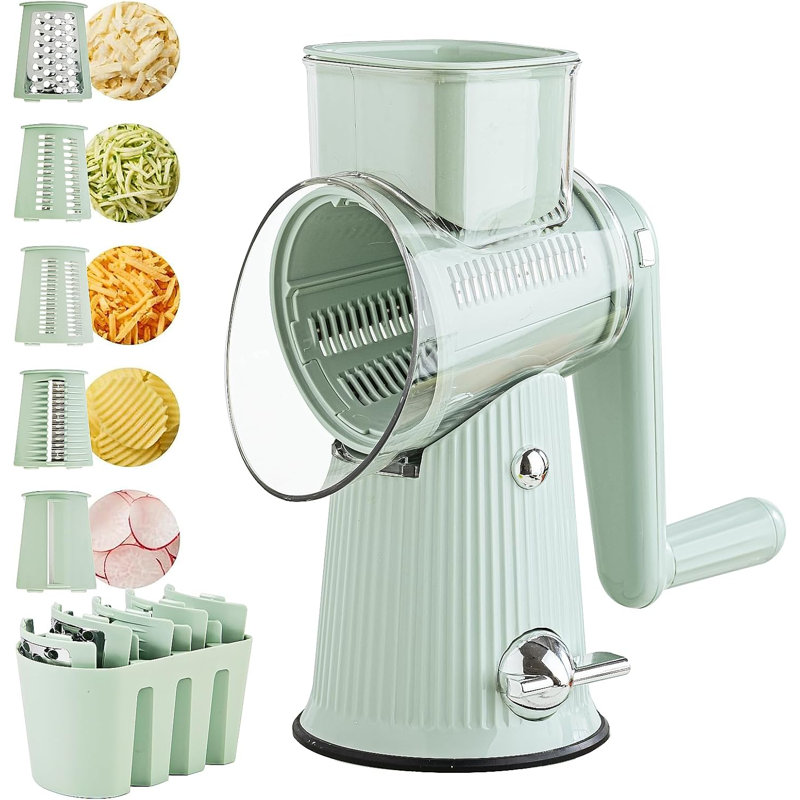 5 In 1 Cheese Grater Hand Crank Cheese Shredder With Strong Suction Base Kitchen Vegetable Slicer With 5 Interchangeable Blades, Storage Box
