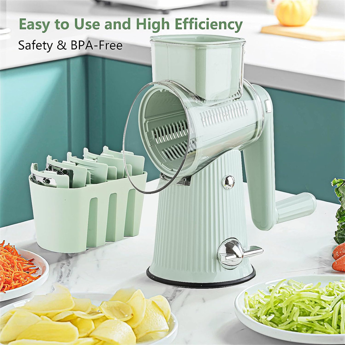5 In 1 Cheese Grater Hand Crank Cheese Shredder With Strong Suction Base Kitchen Vegetable Slicer With 5 Interchangeable Blades, Storage Box