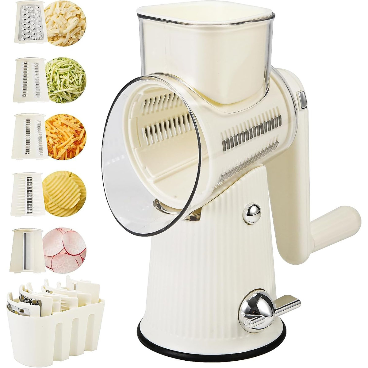 5 In 1 Cheese Grater Hand Crank Cheese Shredder With Strong Suction Base Kitchen Vegetable Slicer With 5 Interchangeable Blades, Storage Box