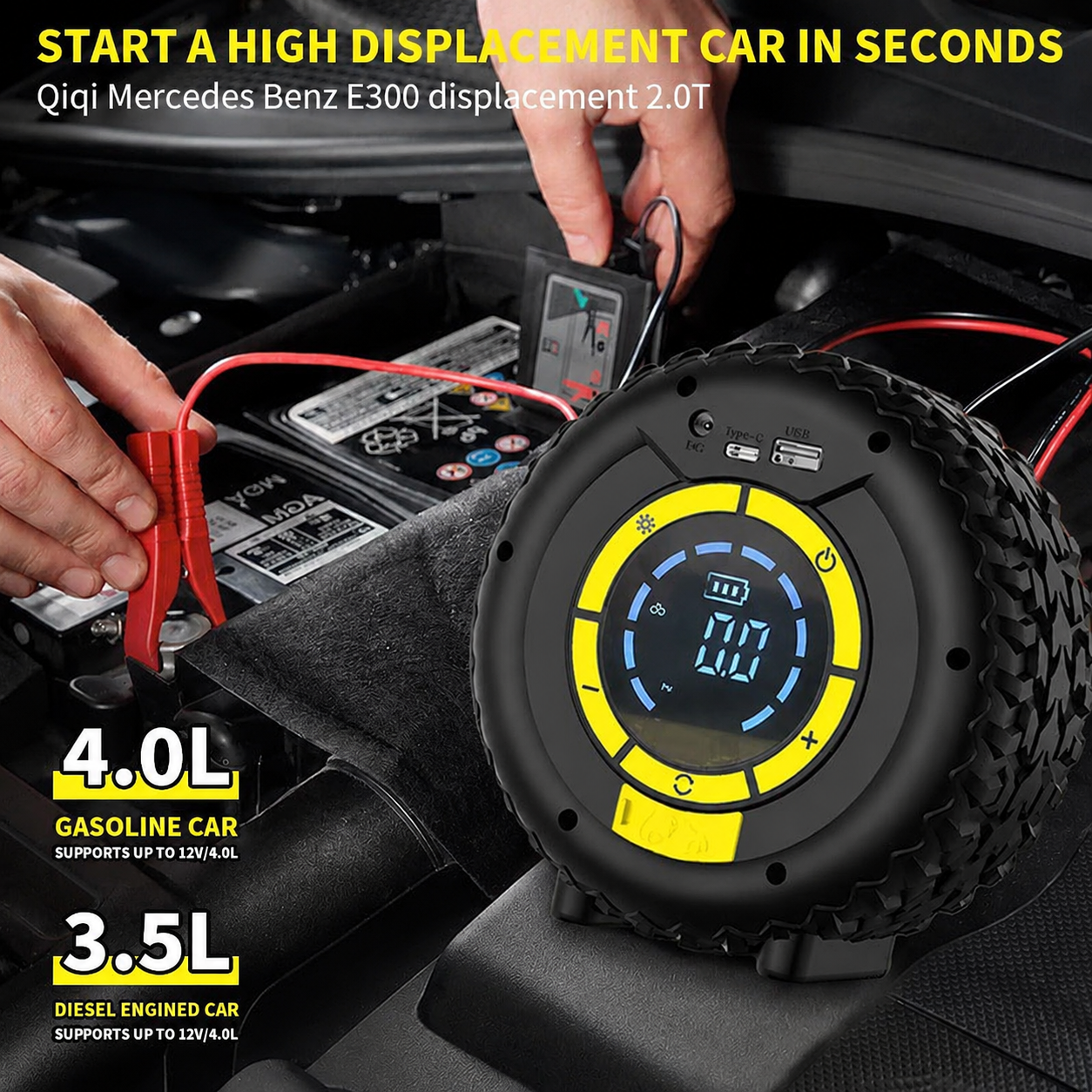 1200A Portable Jump Starter with 150PSI Air Compressor and LED Emergency Light