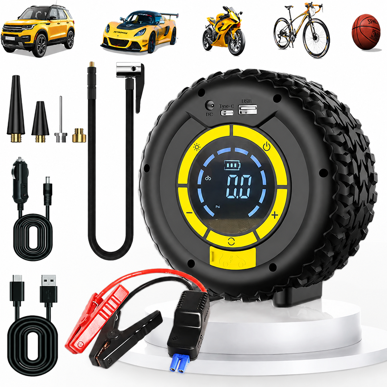 1200A Portable Jump Starter with 150PSI Air Compressor and LED Emergency Light