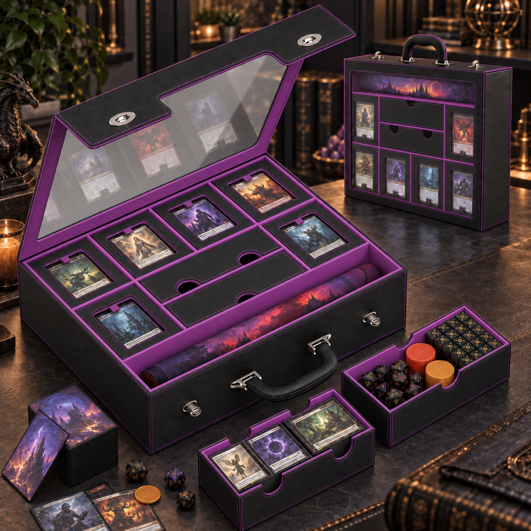 Open black modular trading card storage case with deck boxes, trays and playmat