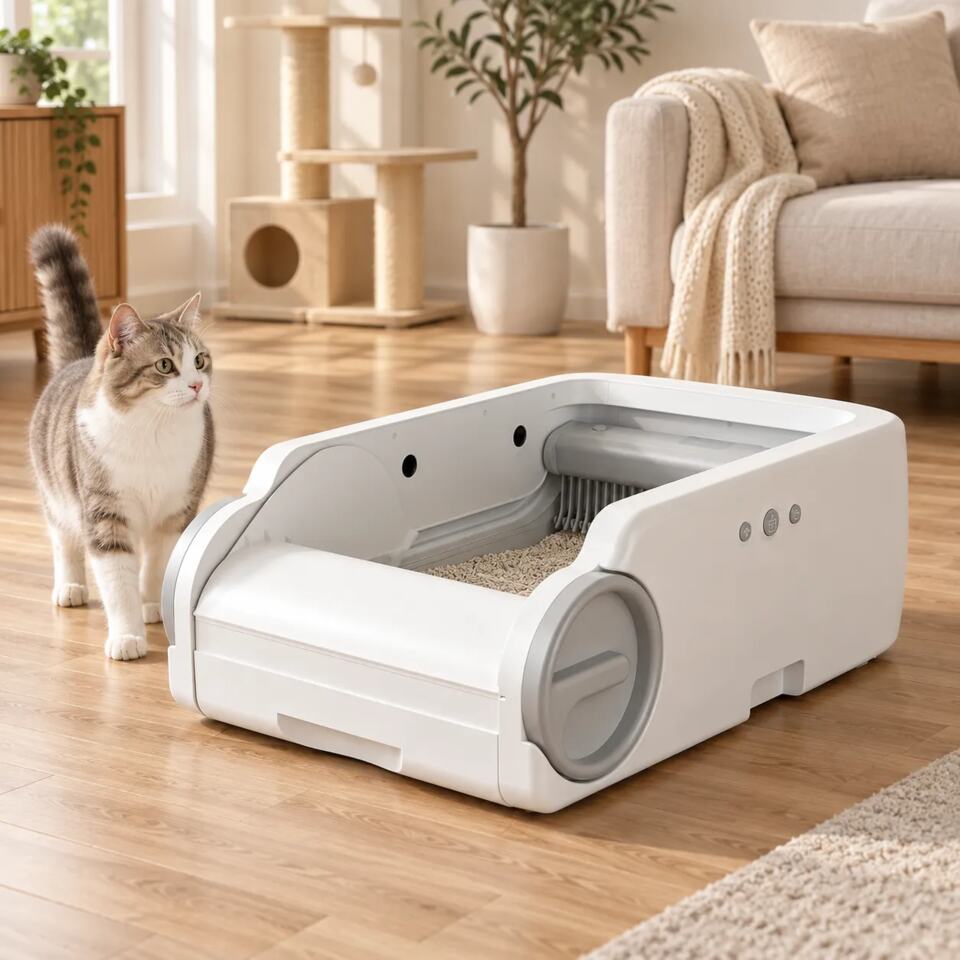 Cat standing beside the spacious open-top automatic litter box