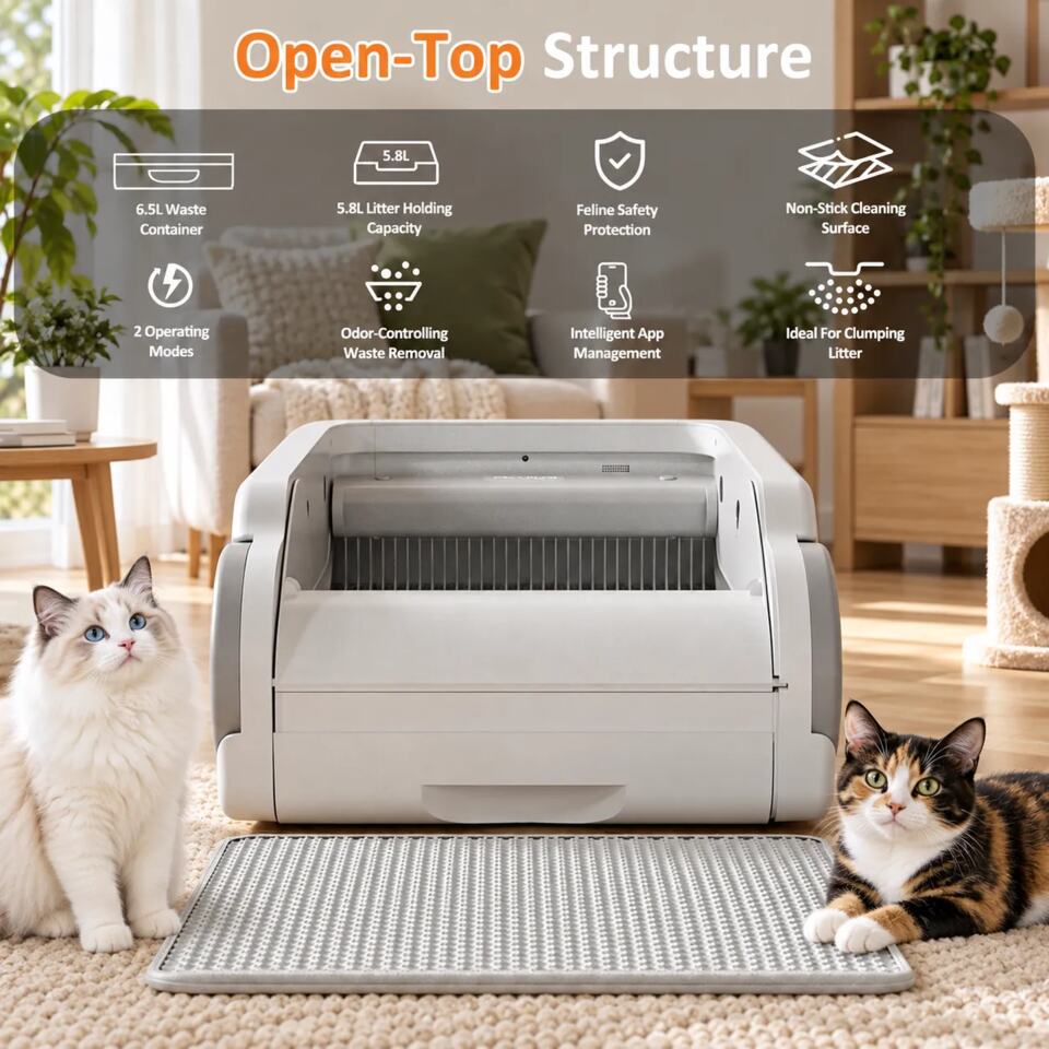 Open-top automatic litter box showing litter capacity, sealed waste drawer and easy-clean surface