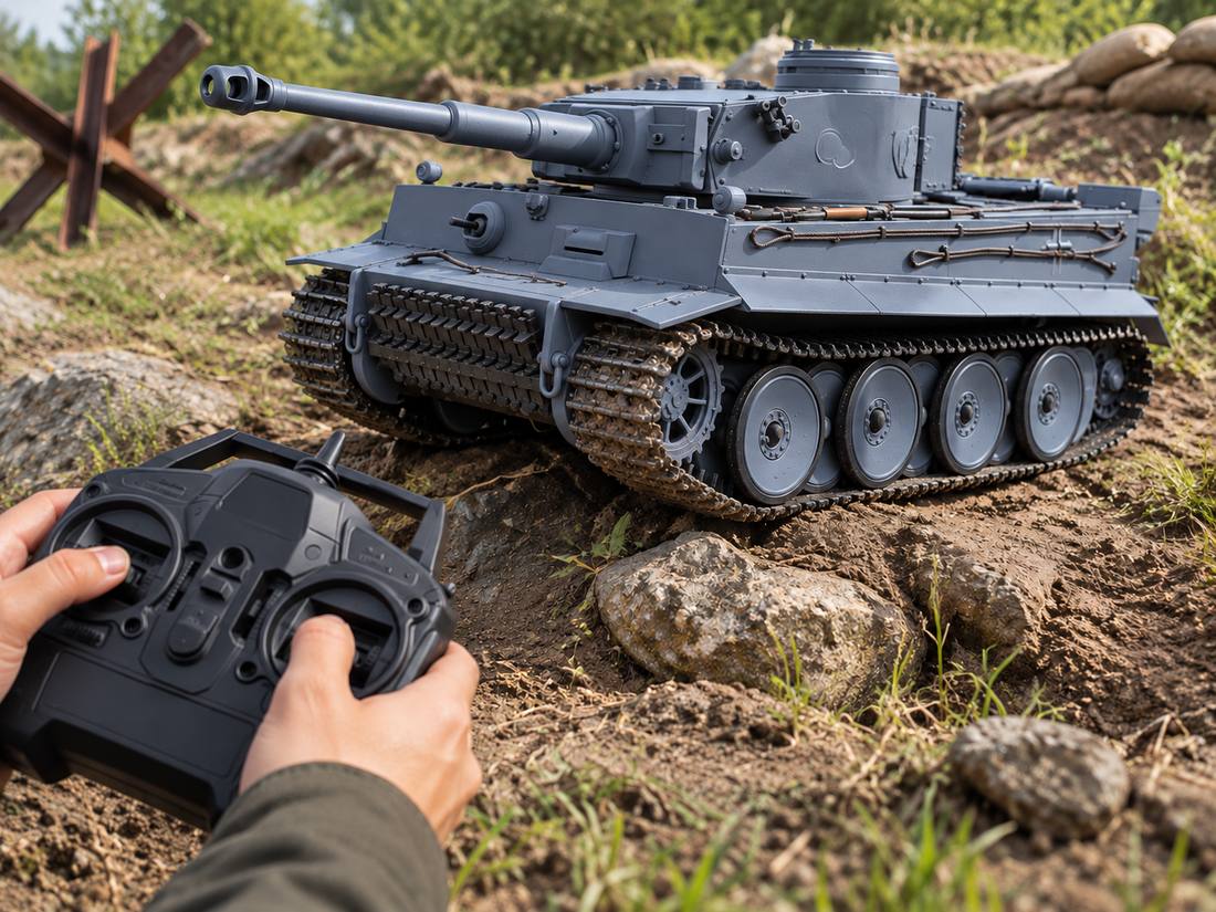 RC tracked model operated outdoors with wireless controller