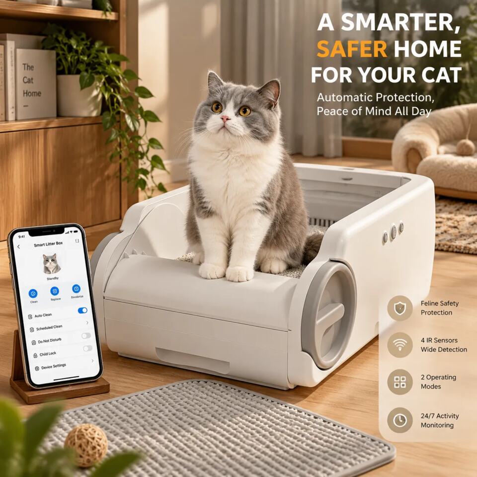 Smart app controls displayed beside a cat using the automatic litter box