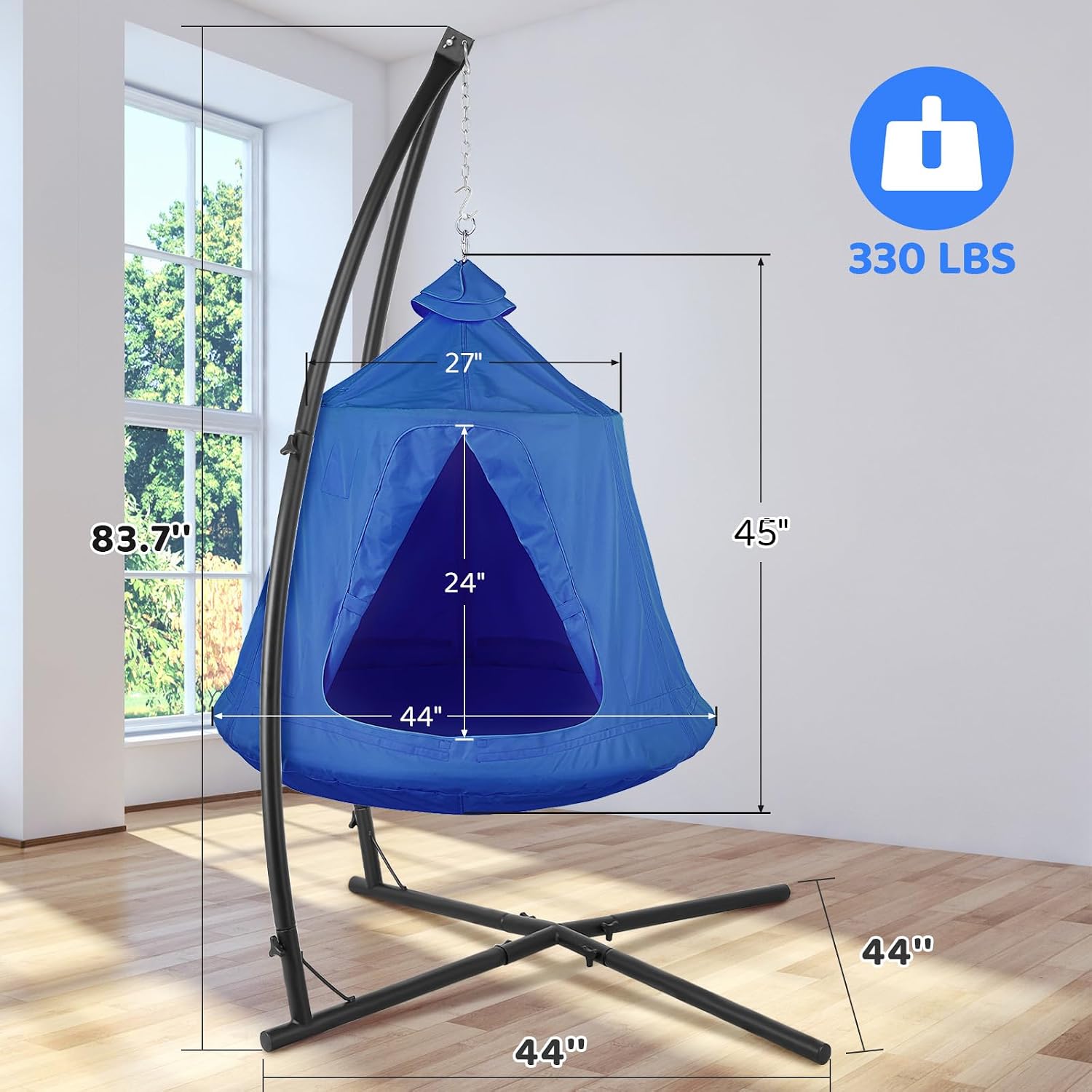 Product dimension diagram showing tent, frame height and stand footprint