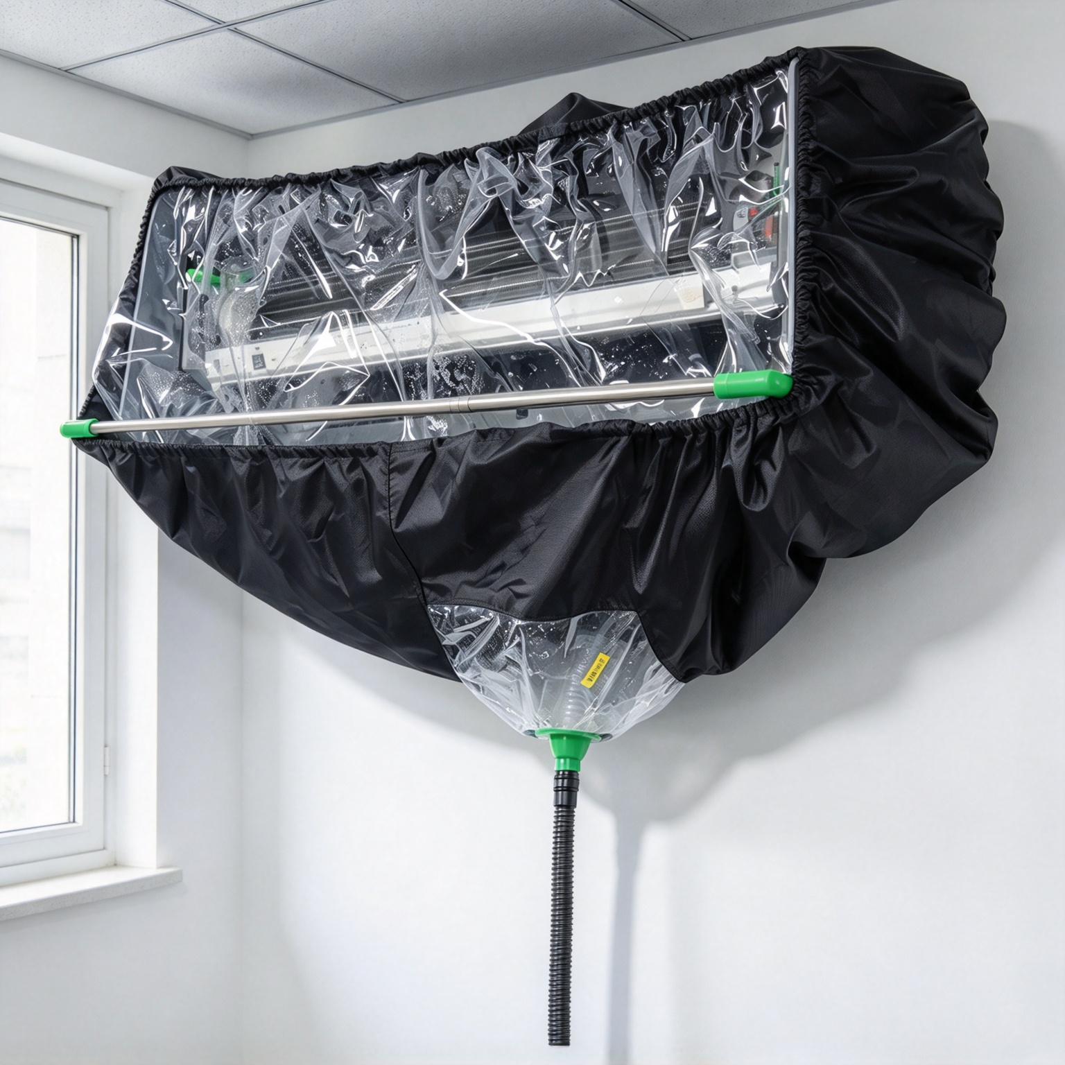 Split AC wrapped in cleaning cover with drain hose