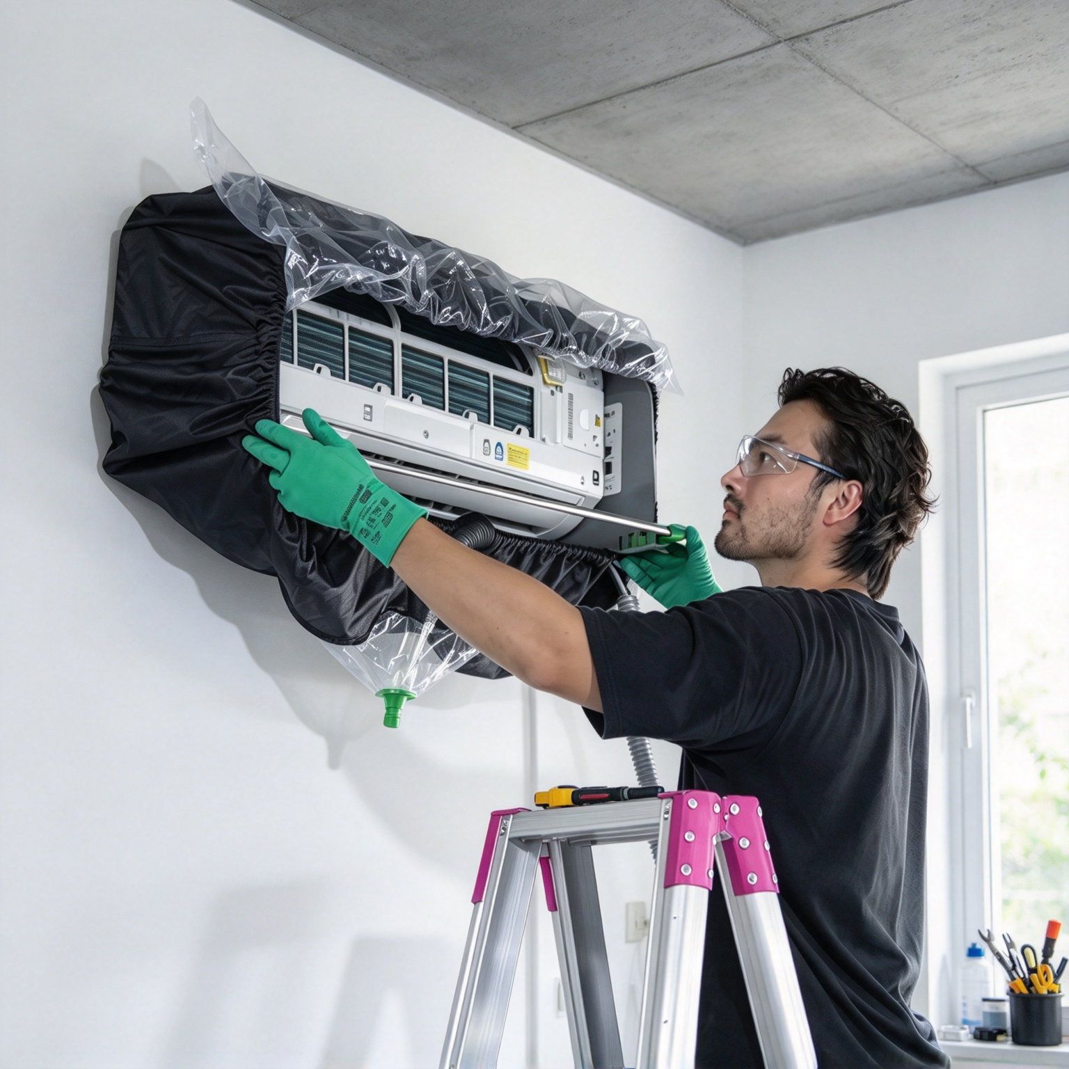 Technician cleaning a covered split AC on a ladder