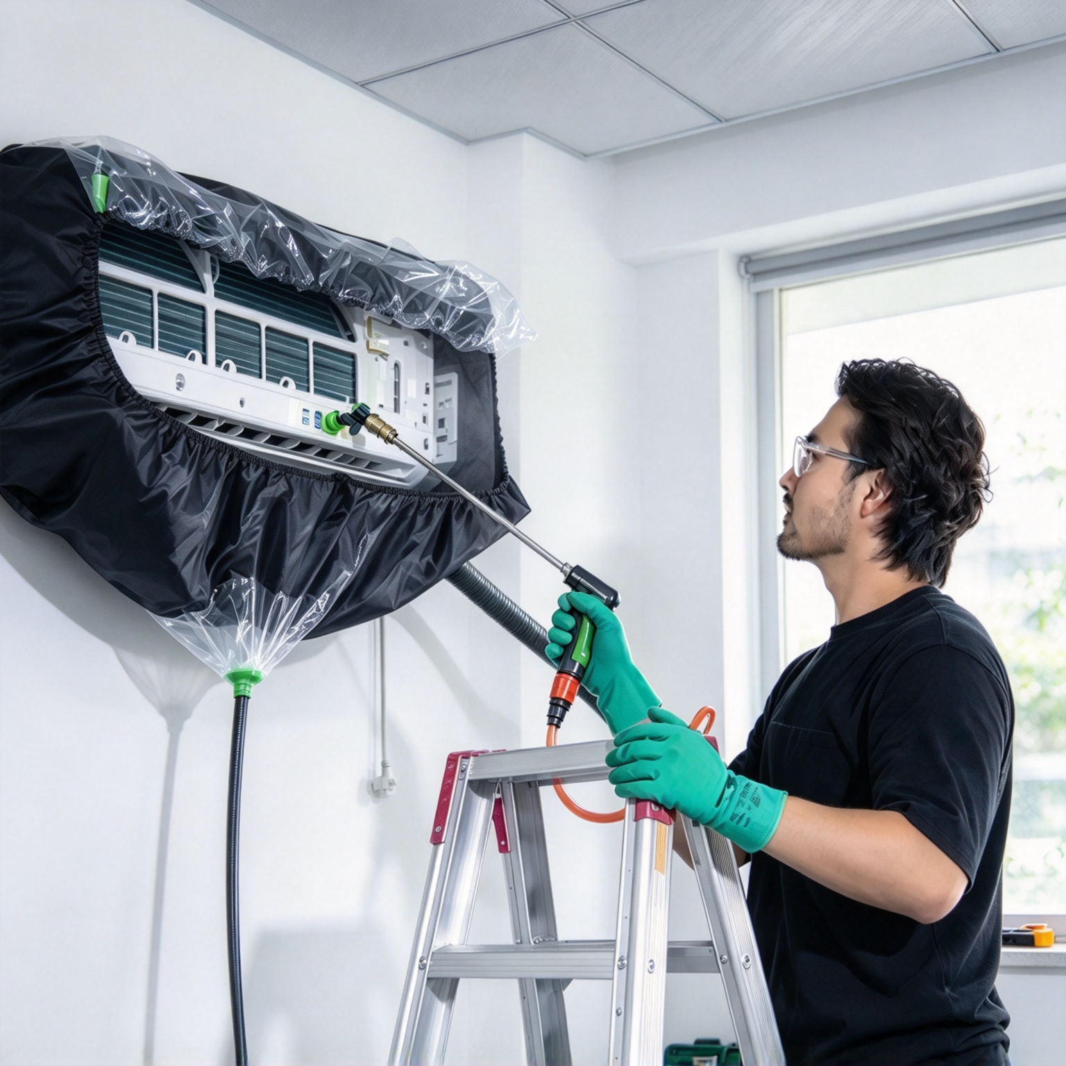 Technician deep-cleaning a covered AC with a spray gun