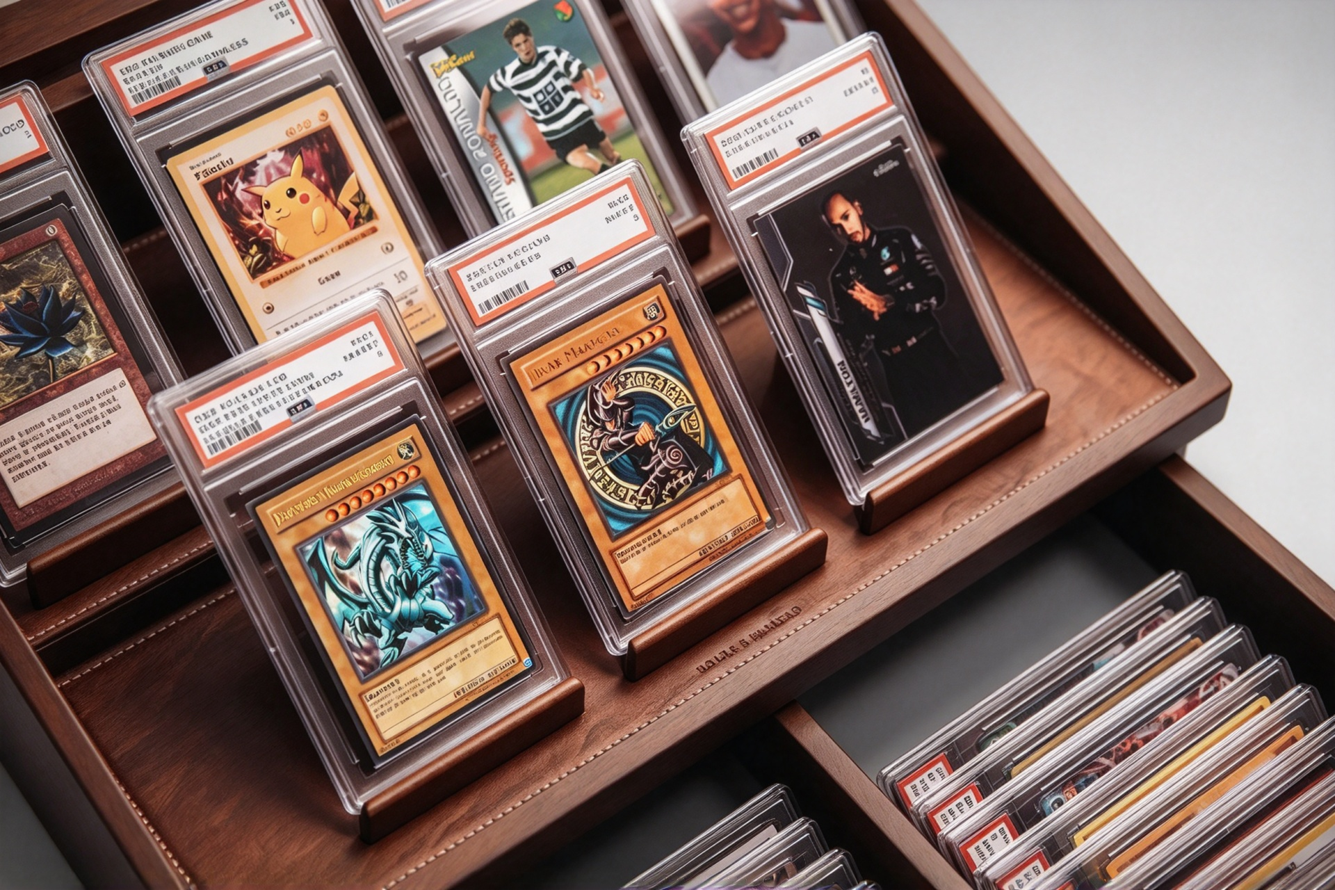 Graded card collection displayed and stored in the wood case