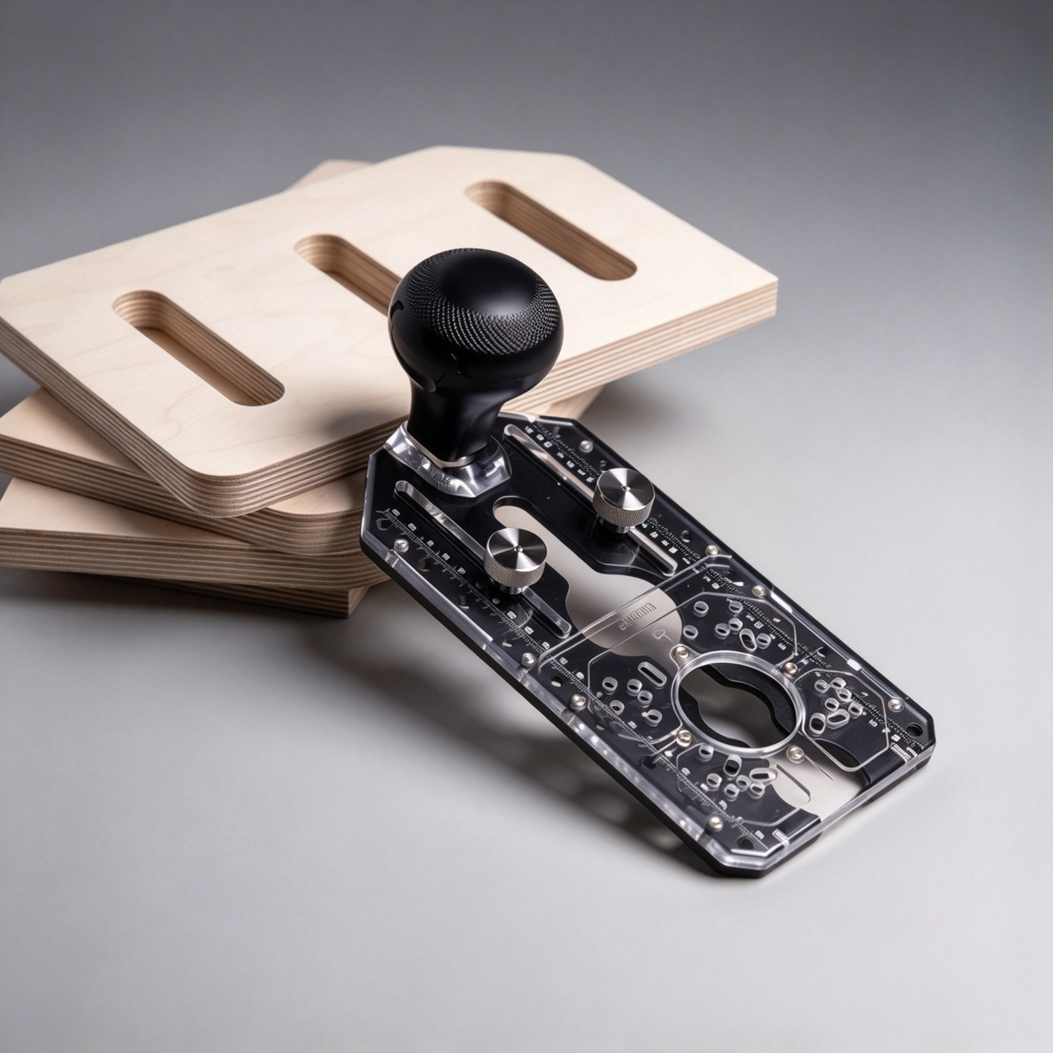 Precision-machined router jig with ball grip and adjustment knobs