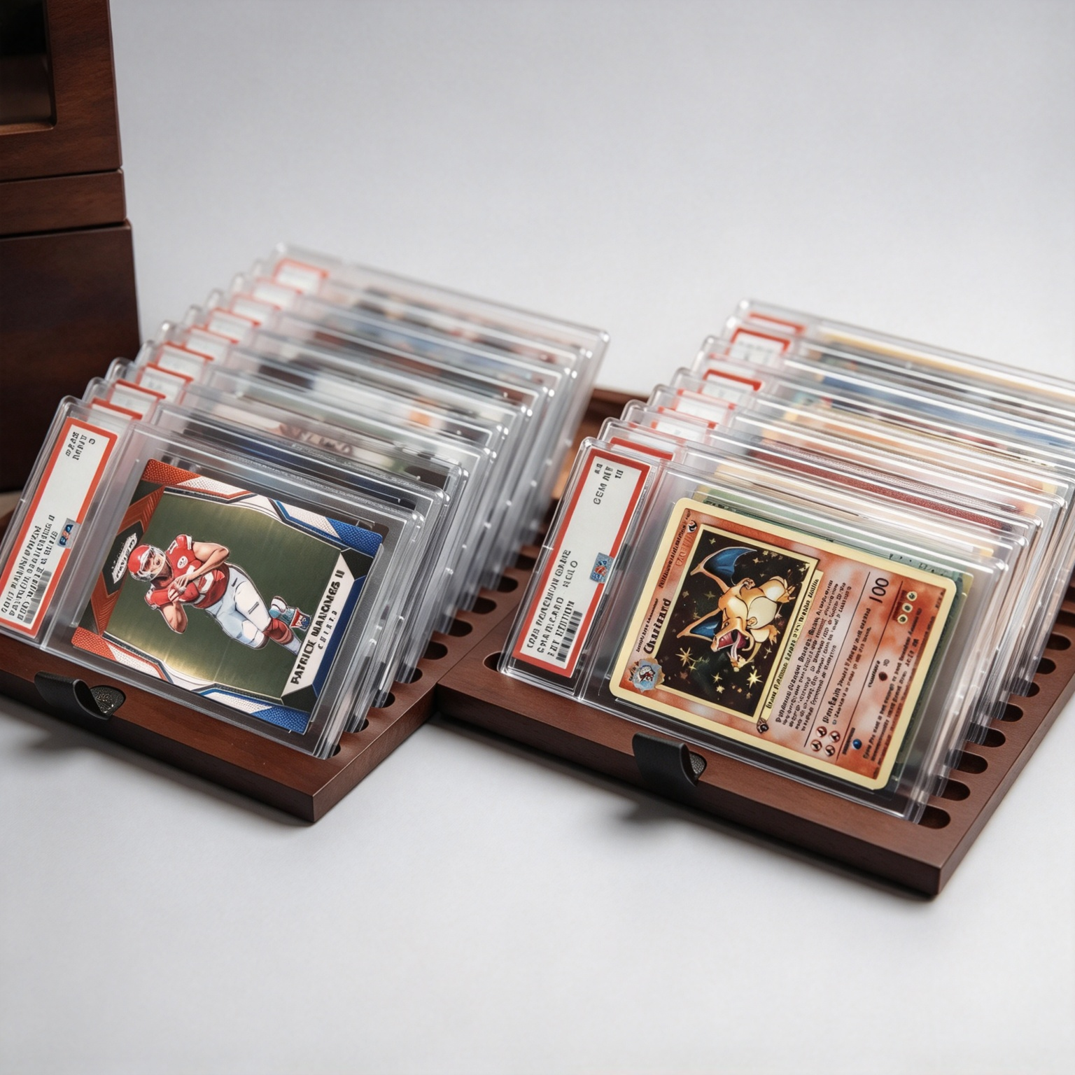 Graded sports and trading cards resting in the wood display slots