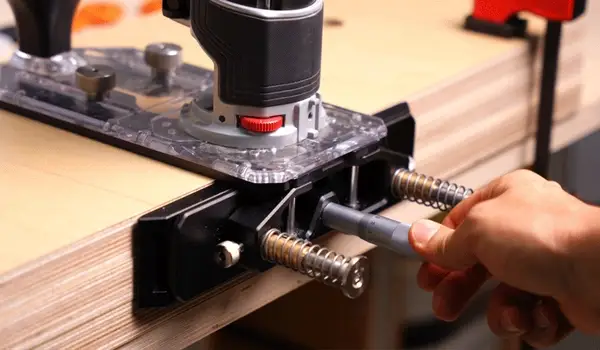 Adjusting the spring-loaded trim router jig on a workbench
