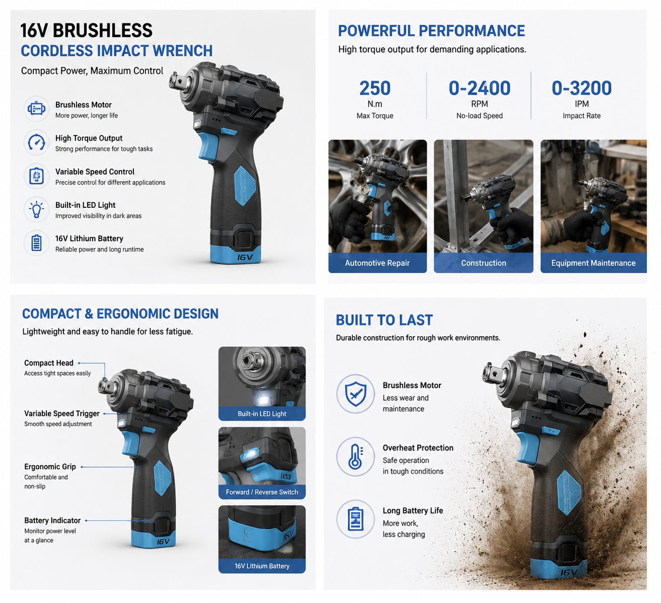 All-in-One 16V Brushless Impact Wrench: 300N·m Torque for Tire & Equipment Service