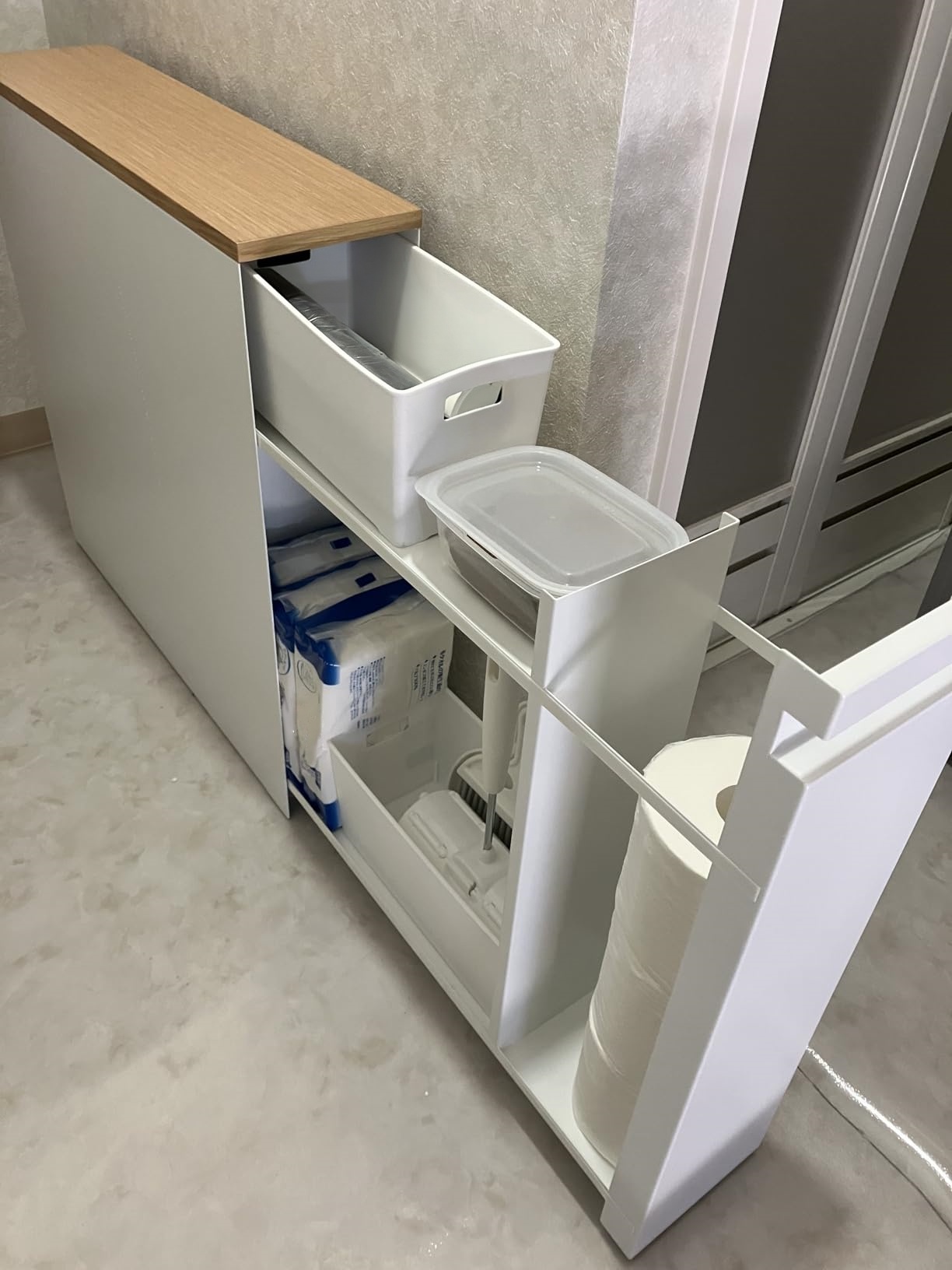 Rolling Slim Bathroom Cabinet with Hidden Drawer, Magnet-Friendly Steel Frame