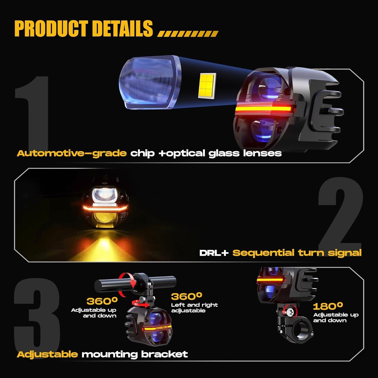 Multi‑Mode LED Amber Auxiliary Lights IP67 Waterproof for Motorcycle & Off‑Road Vehicles
