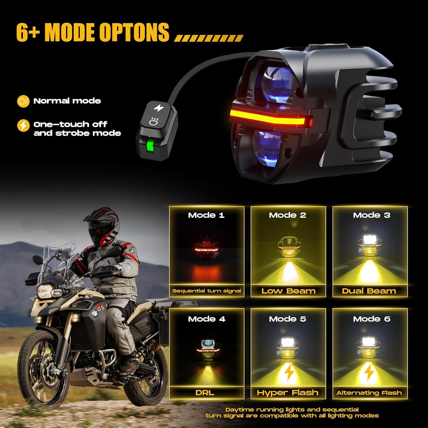 Multi‑Mode LED Amber Auxiliary Lights IP67 Waterproof for Motorcycle & Off‑Road Vehicles