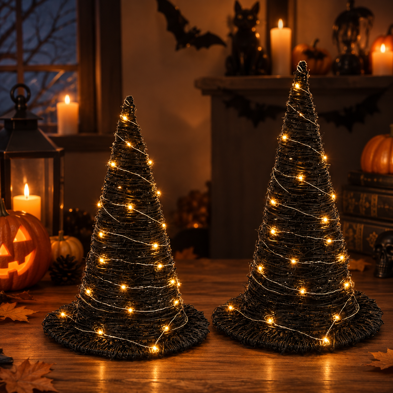 2-Pack Light-Up Rattan Witch Hats for Halloween Decor