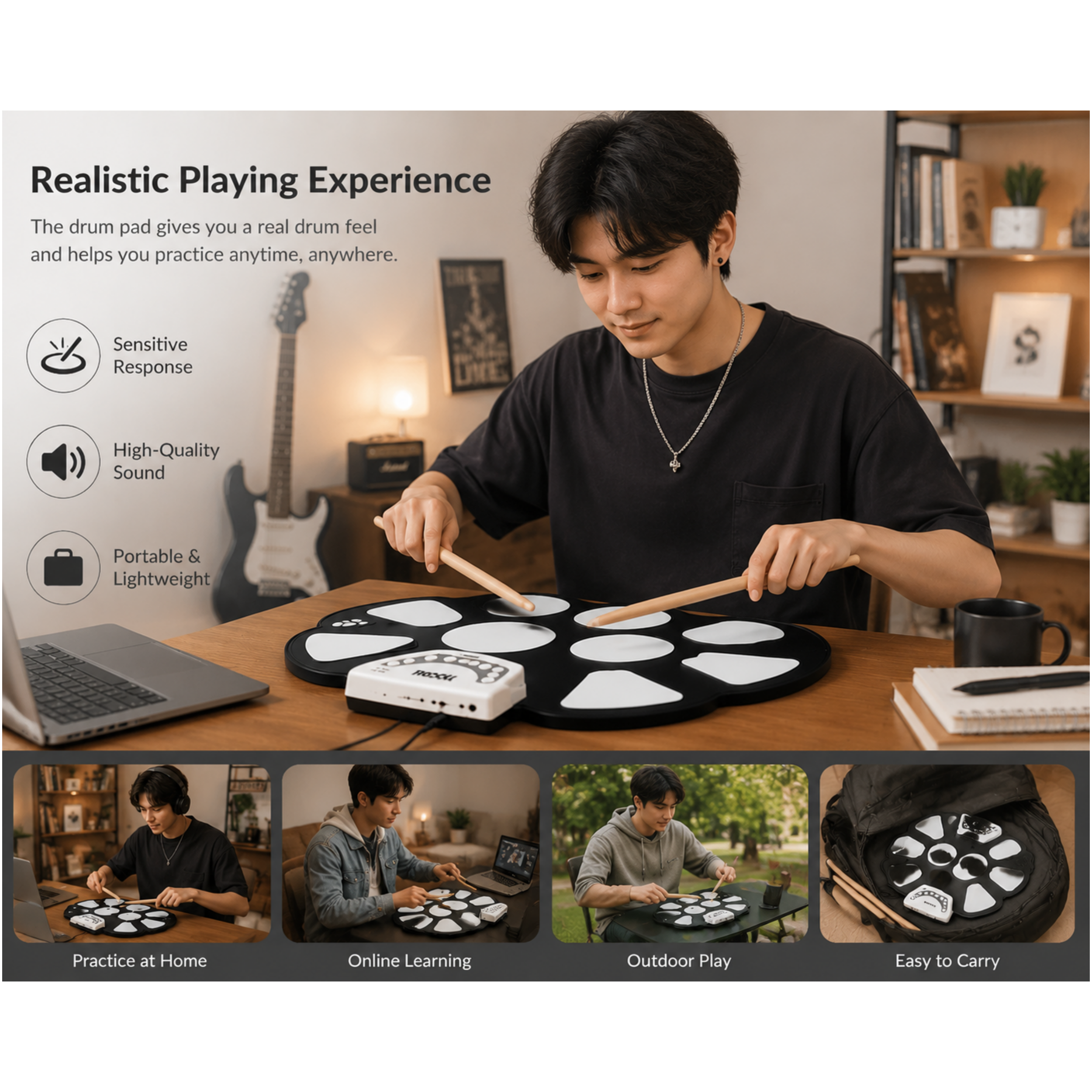 Portable Electronic Roll Up Drum Kit with Power Supply, Drum Sticks, and Foot Pedals