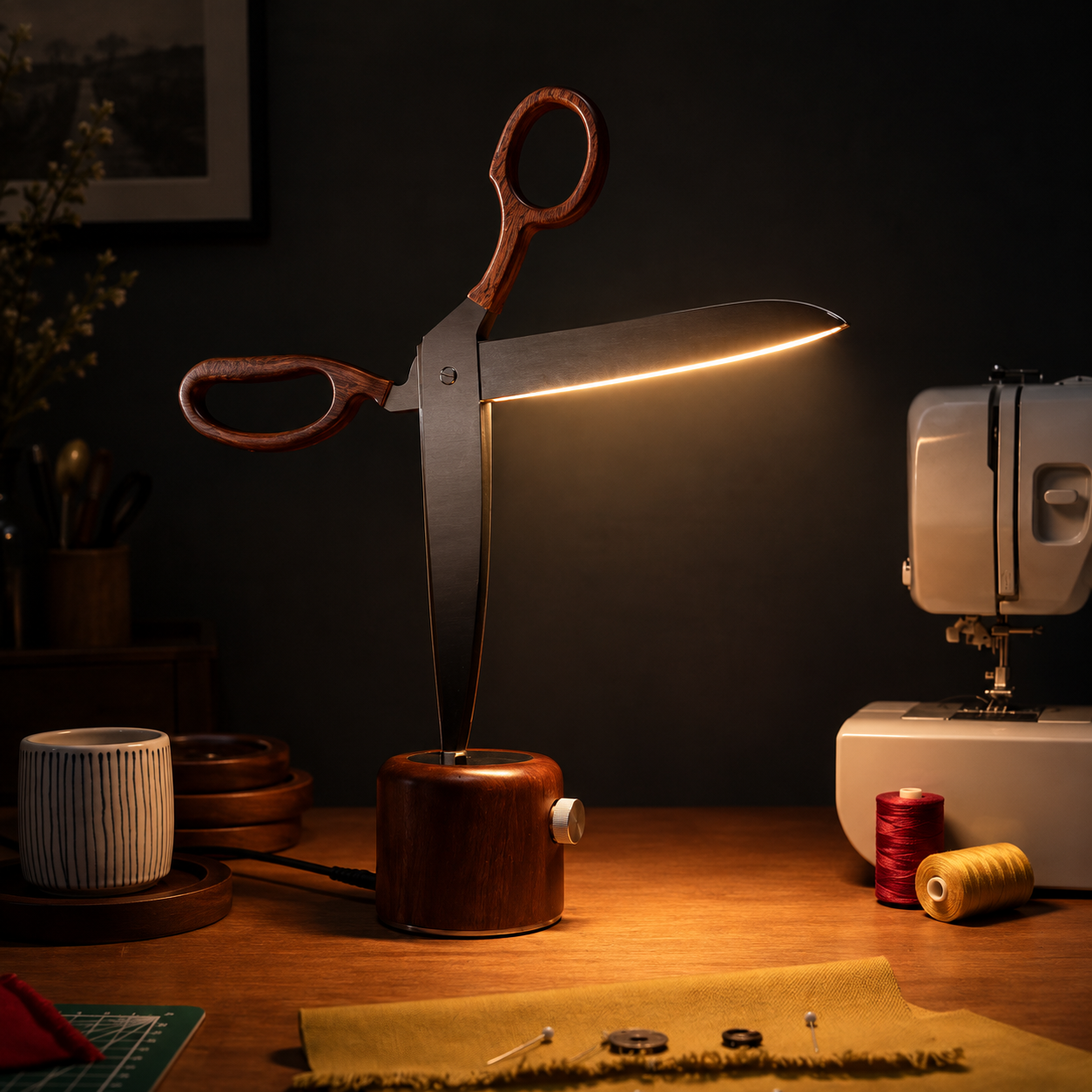 Scissor Lamp – Giant Scissor-Shaped Desk Lamp, Sapele Hardwood & Stainless Steel