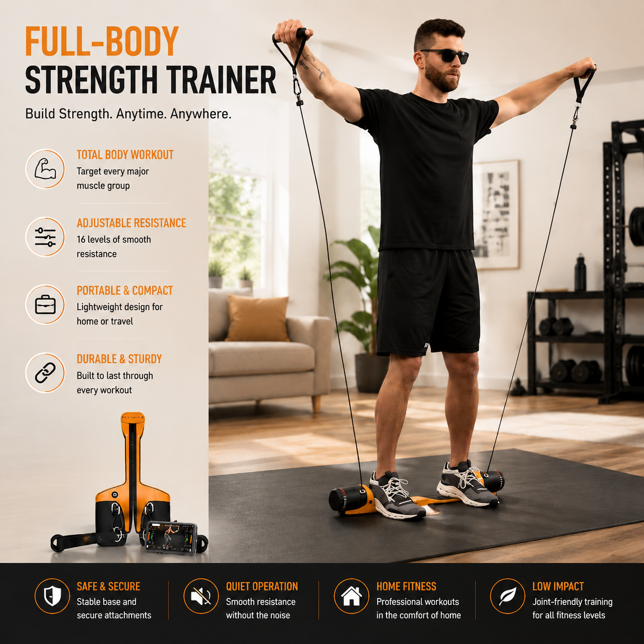 Portable Smart Cable Gym – 5‑300 lbs Resistance, Bluetooth Connected, Folds for Storage