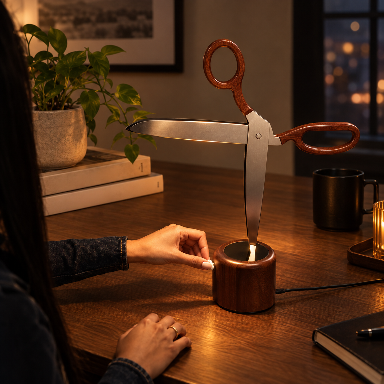 Scissor Lamp – Giant Scissor-Shaped Desk Lamp, Sapele Hardwood & Stainless Steel