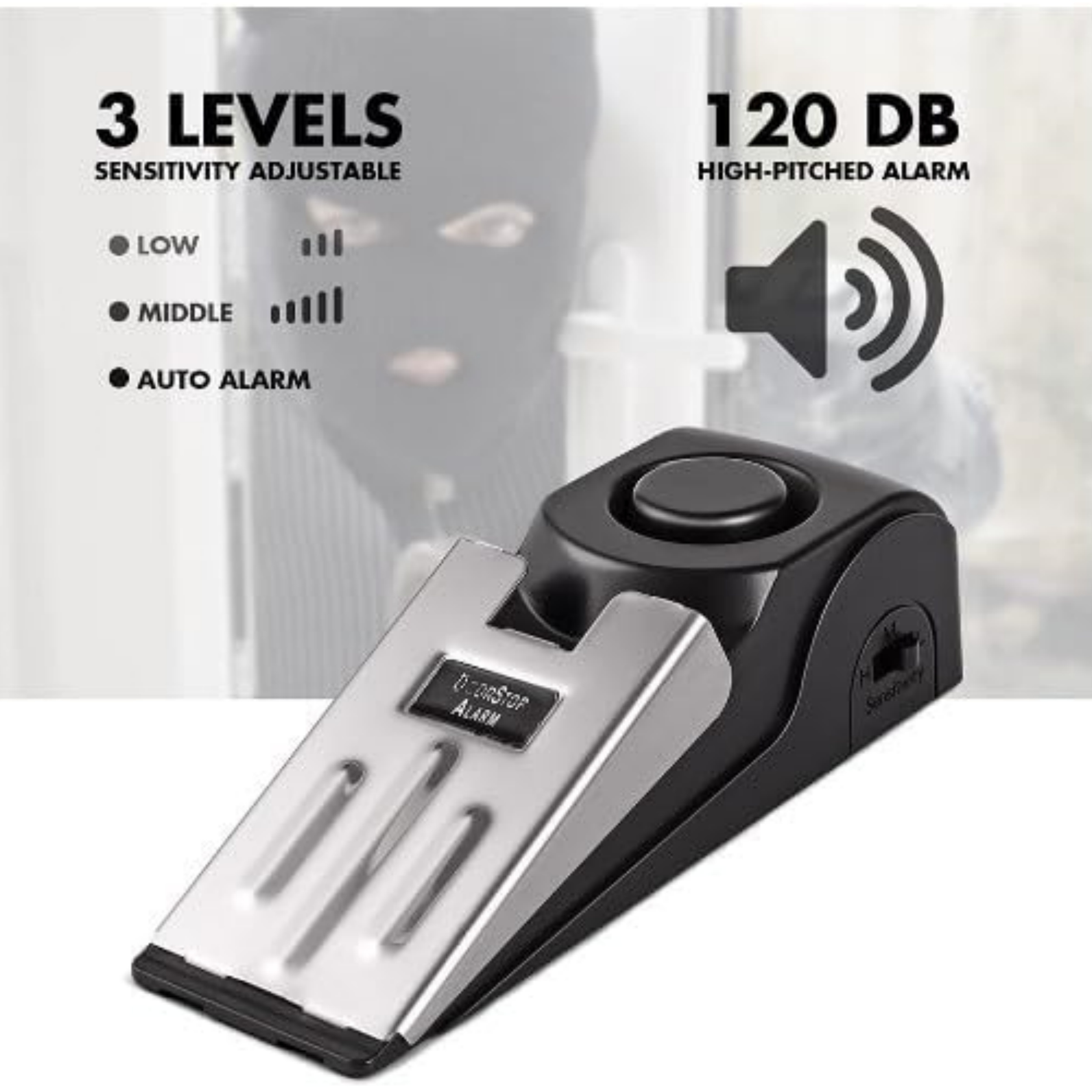 Door Stop Alarm – 120dB Siren, Adjustable Sensitivity, Portable Security
