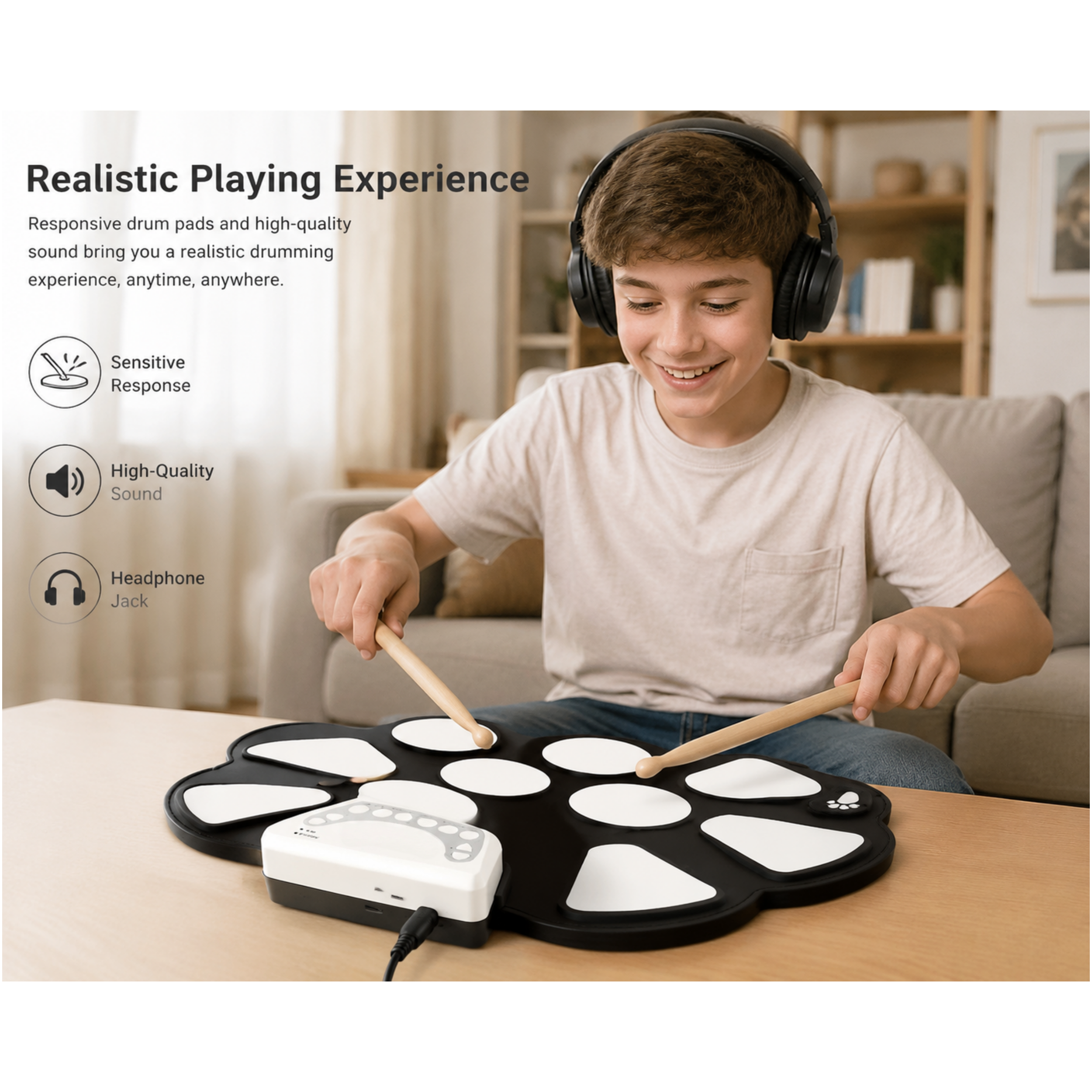 Portable Electronic Roll Up Drum Kit with Power Supply, Drum Sticks, and Foot Pedals