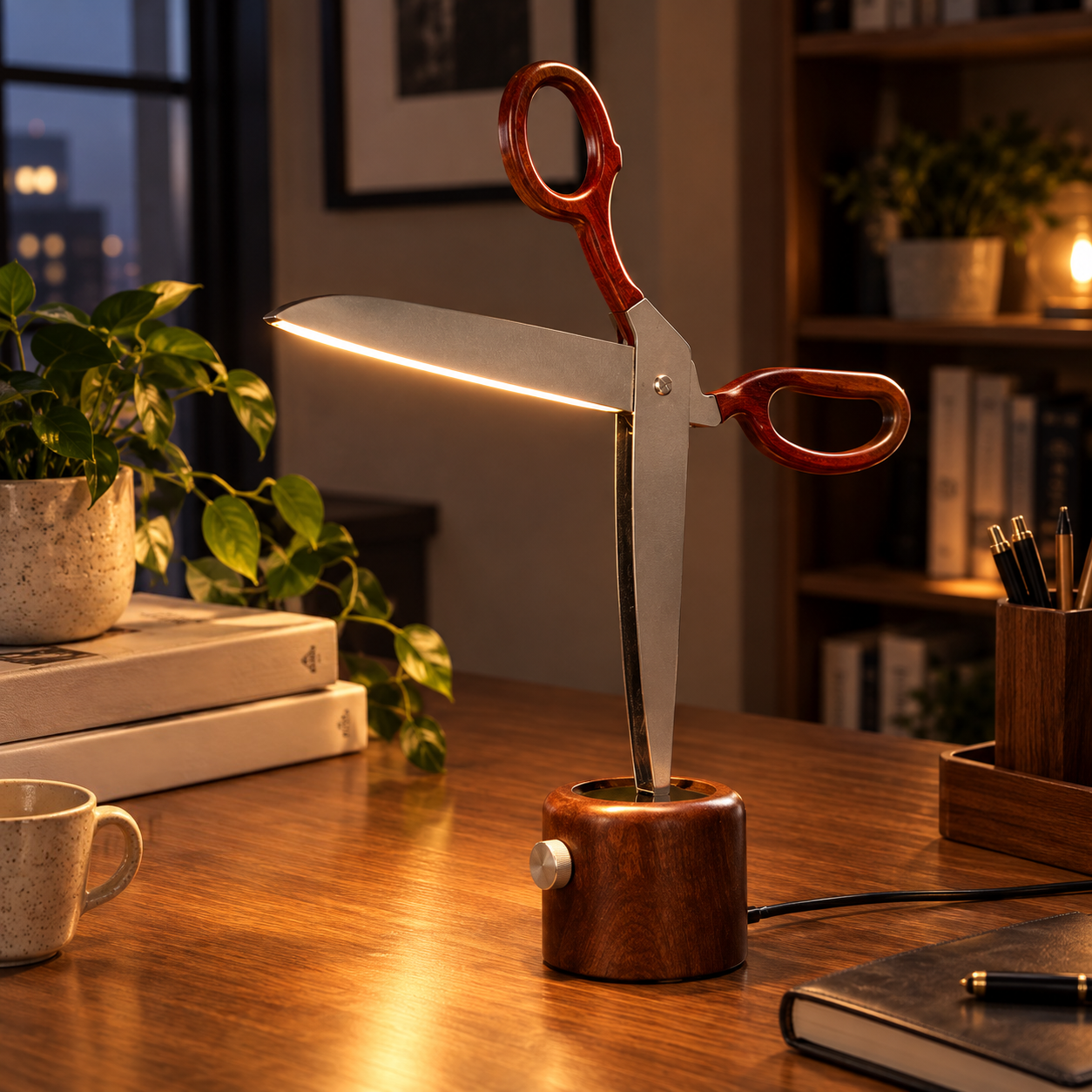 Scissor Lamp – Giant Scissor-Shaped Desk Lamp, Sapele Hardwood & Stainless Steel