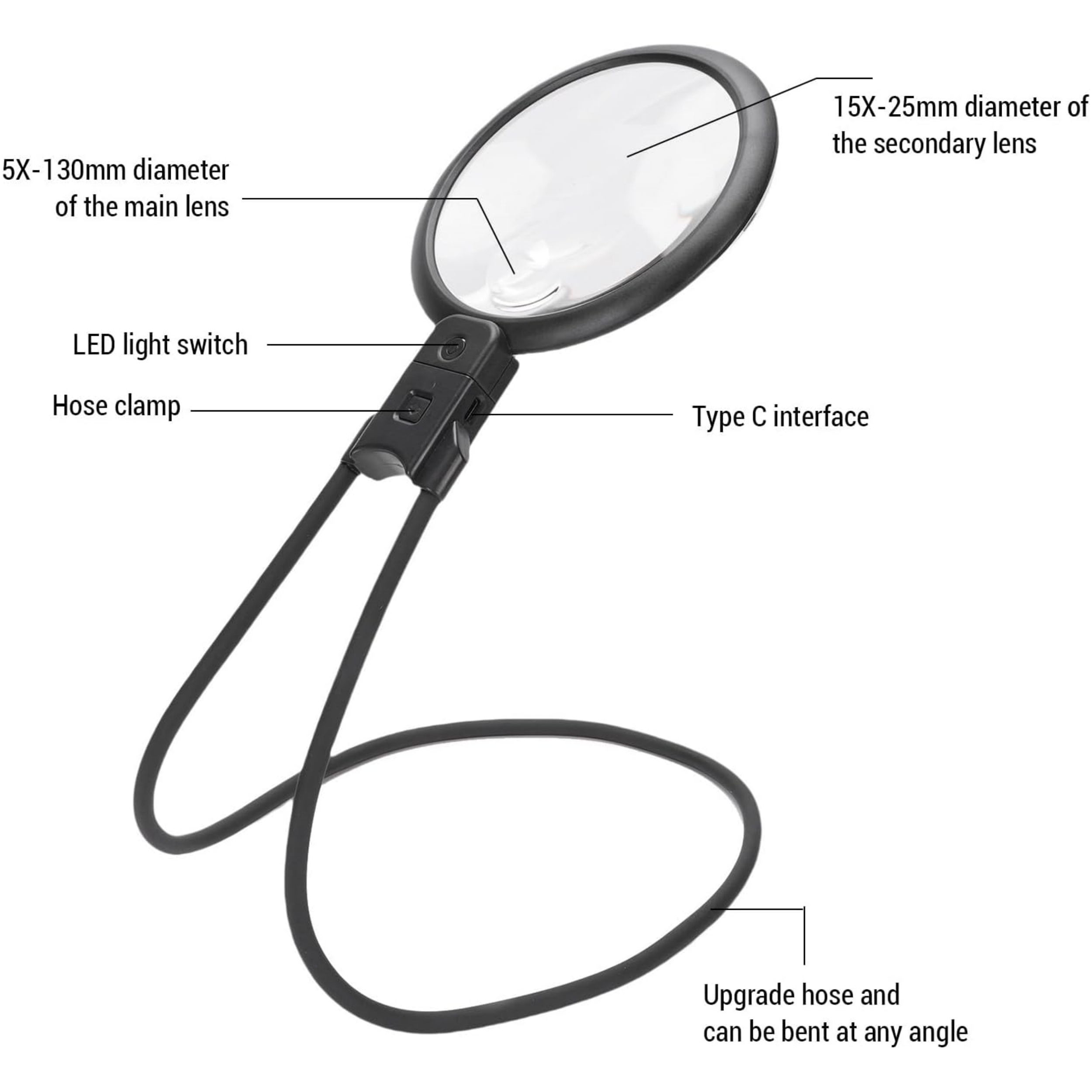 5X & 15X Hands‑Free Magnifying Glass – Rechargeable, Gooseneck, 36 LEDs