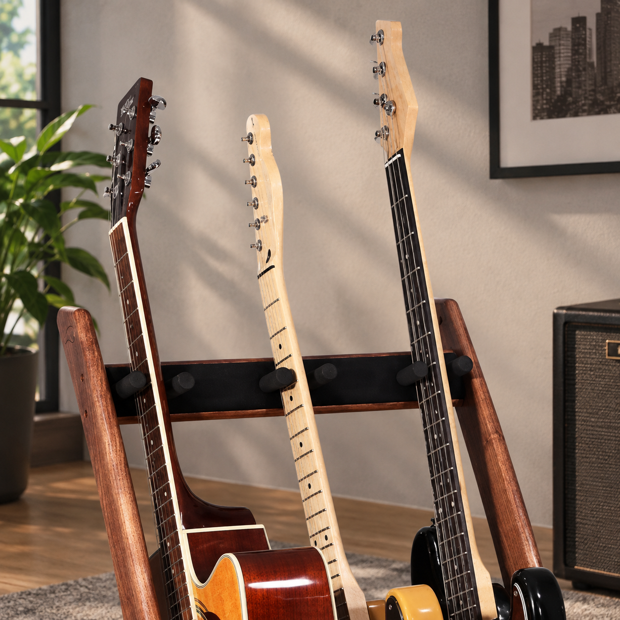 3-Way Wooden Guitar Rack