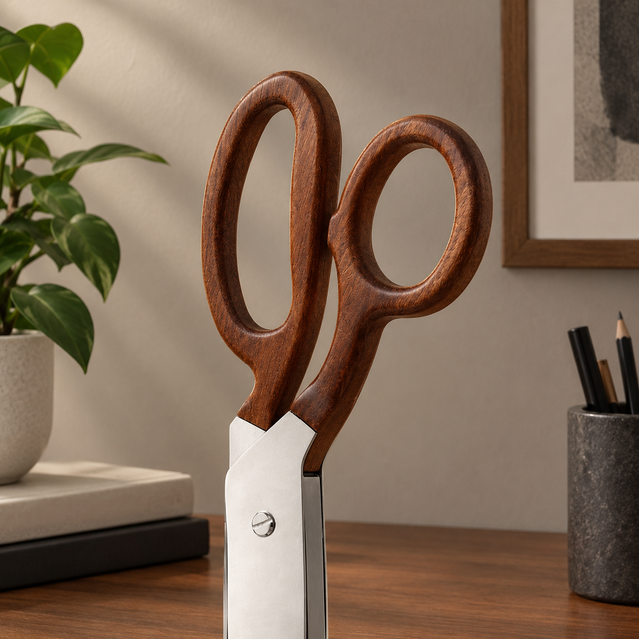 Scissor Lamp – Giant Scissor-Shaped Desk Lamp, Sapele Hardwood & Stainless Steel