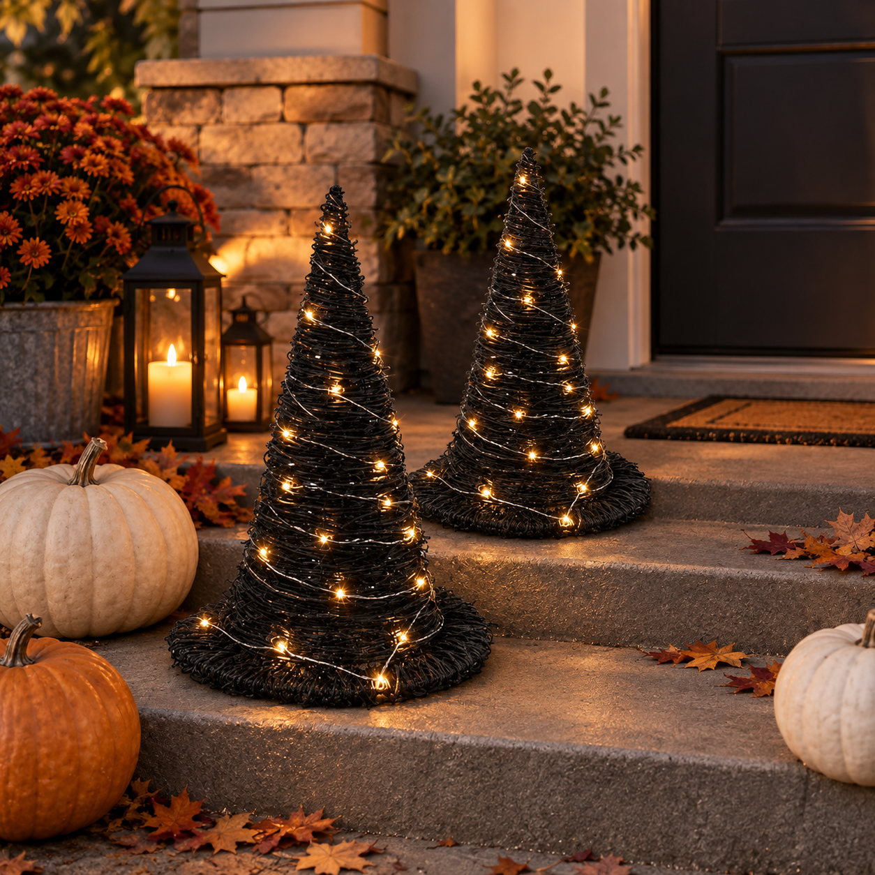 2-Pack Light-Up Rattan Witch Hats for Halloween Decor