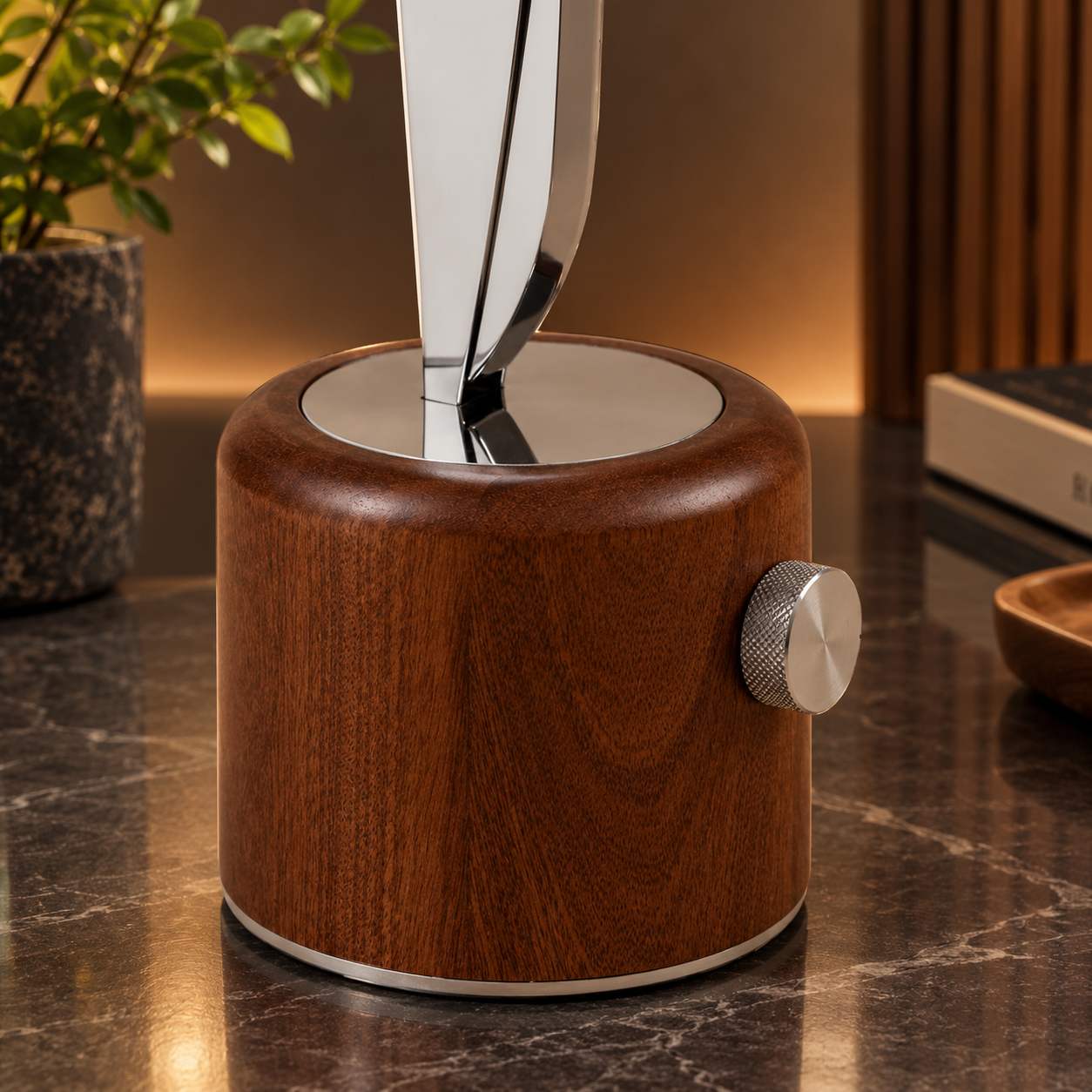 Scissor Lamp – Giant Scissor-Shaped Desk Lamp, Sapele Hardwood & Stainless Steel