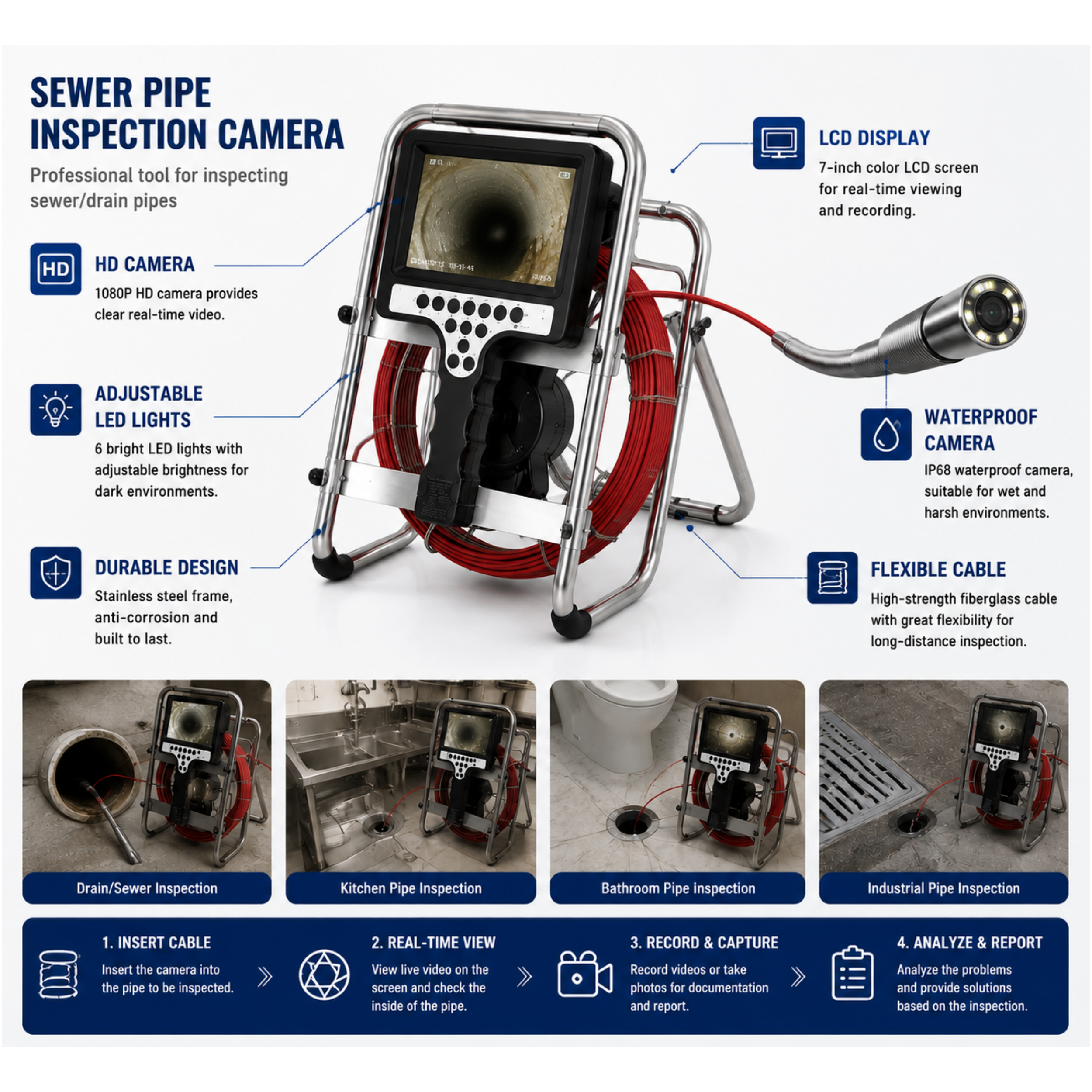 Sewer Drain Inspection Video Camera with Self-Leveling Transmitter 23mm and 512hz 7" Screen