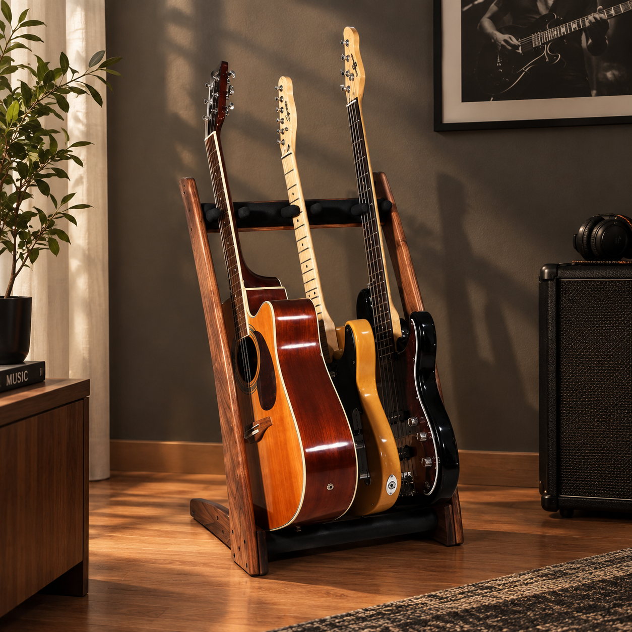 3-Way Wooden Guitar Rack