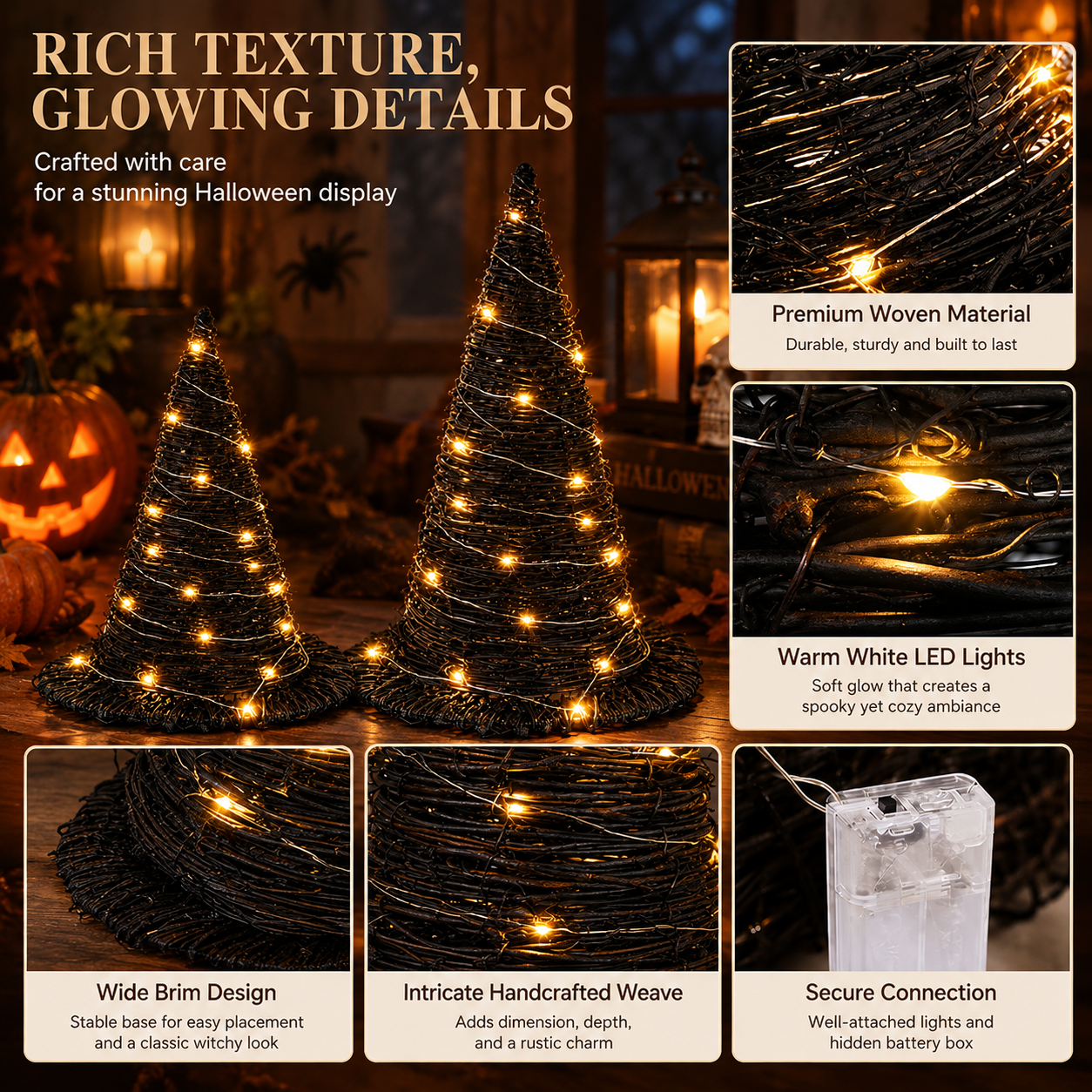 2-Pack Light-Up Rattan Witch Hats for Halloween Decor