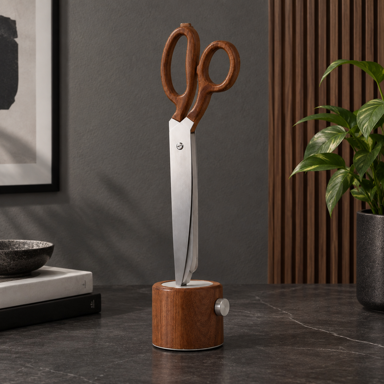 Scissor Lamp – Giant Scissor-Shaped Desk Lamp, Sapele Hardwood & Stainless Steel