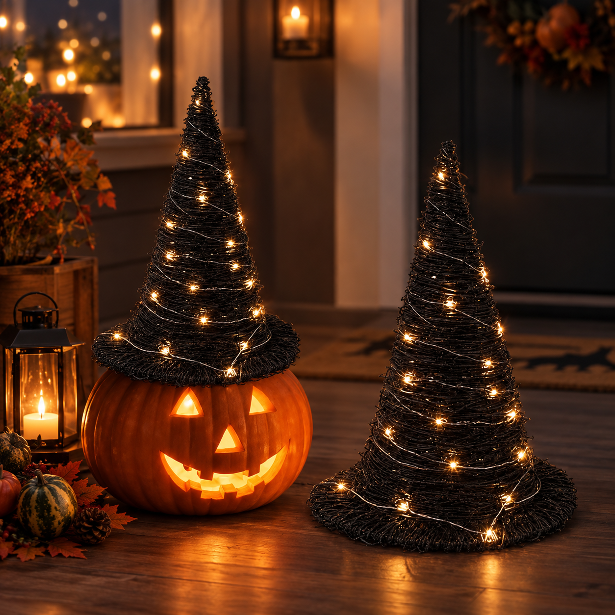 2-Pack Light-Up Rattan Witch Hats for Halloween Decor