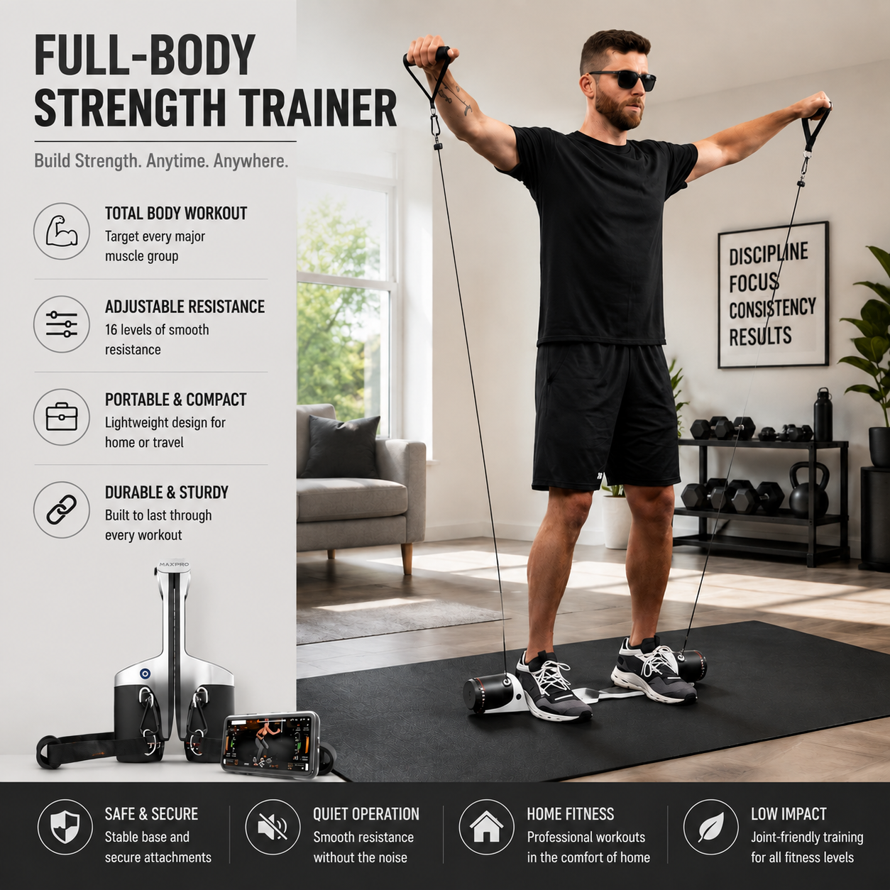 Portable Smart Cable Gym – 5‑300 lbs Resistance, Bluetooth Connected, Folds for Storage