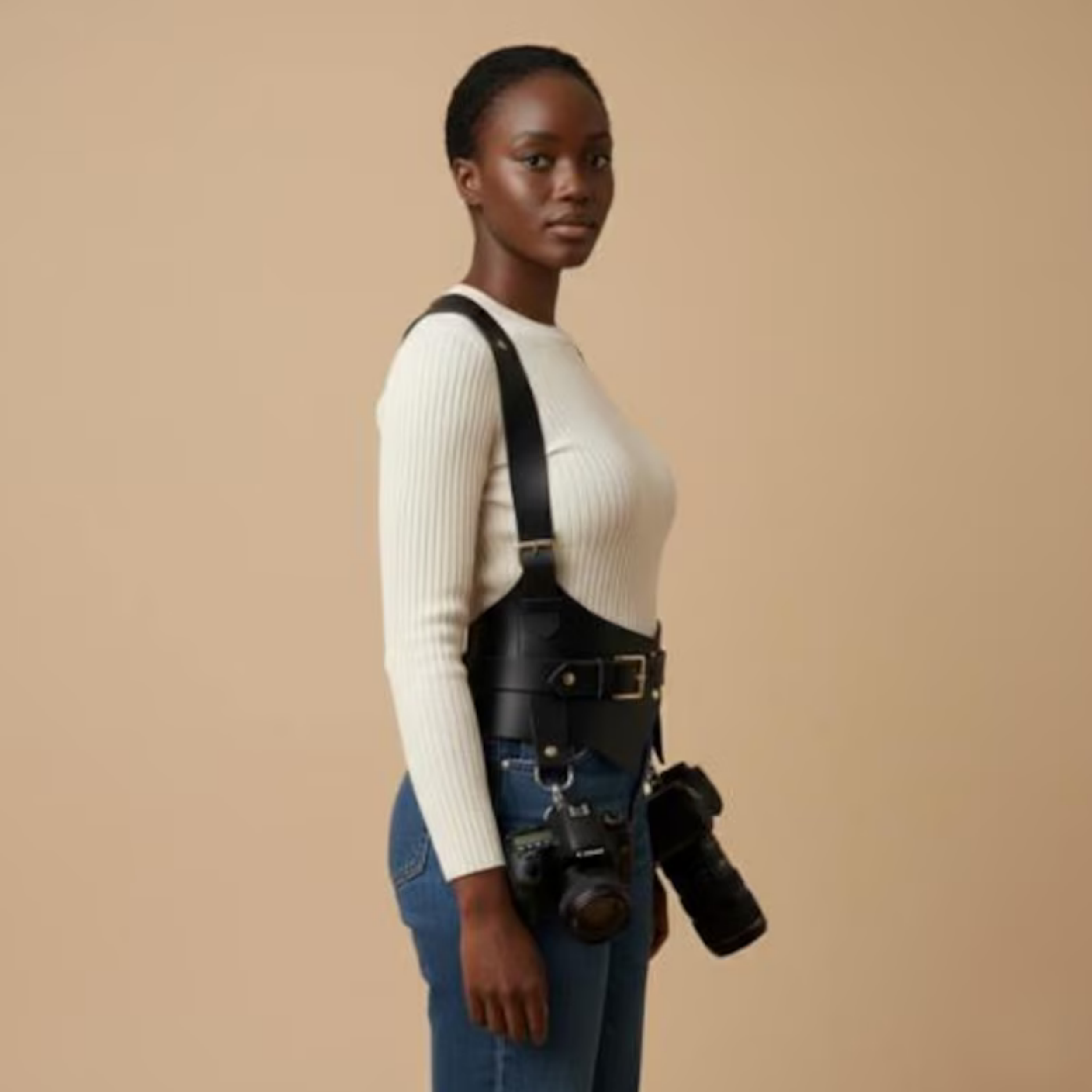 Black Genuine Leather Dual Shoulder Camera Vest